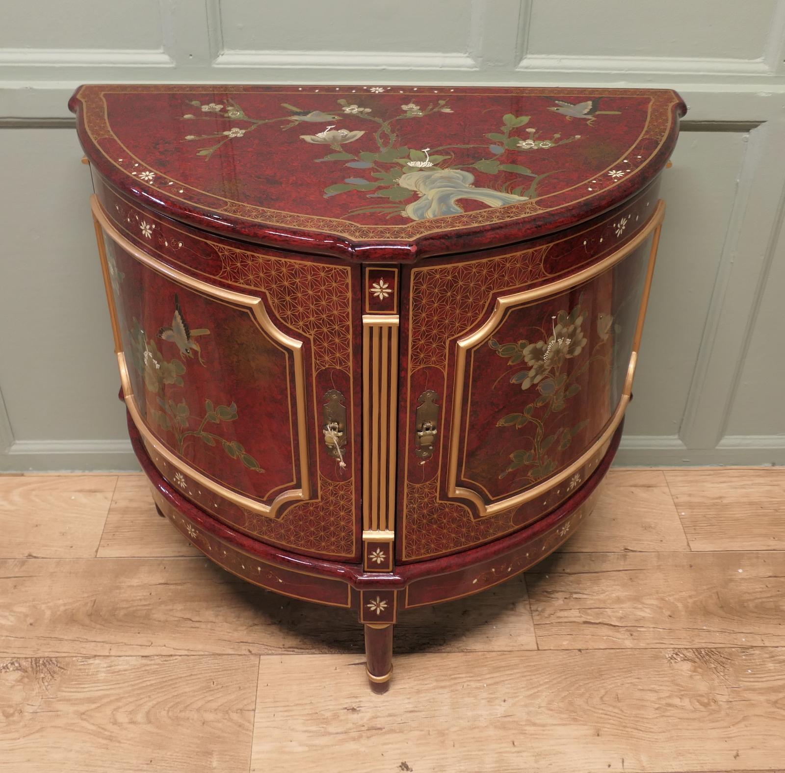 Very Decorative Red Chinoiserie Demi Lune Vestibule Cabinet (1 of 7) Very Decorative Red Chinoiserie Demi Lune Vestibule Cabinet (1 of 7)