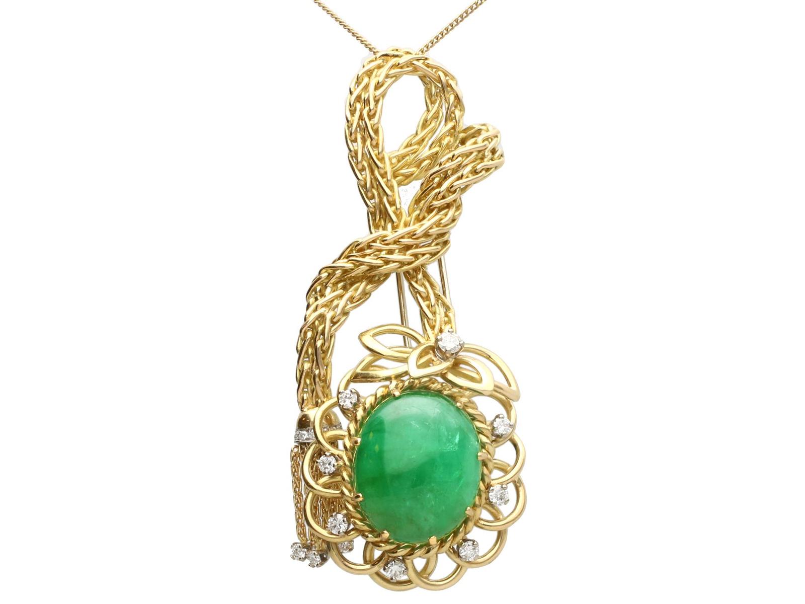 Vintage French 26.16ct Emerald & 0.95ct Diamond, 18ct Yellow Gold Brooch / Pendant c.1980 (1 of 12)