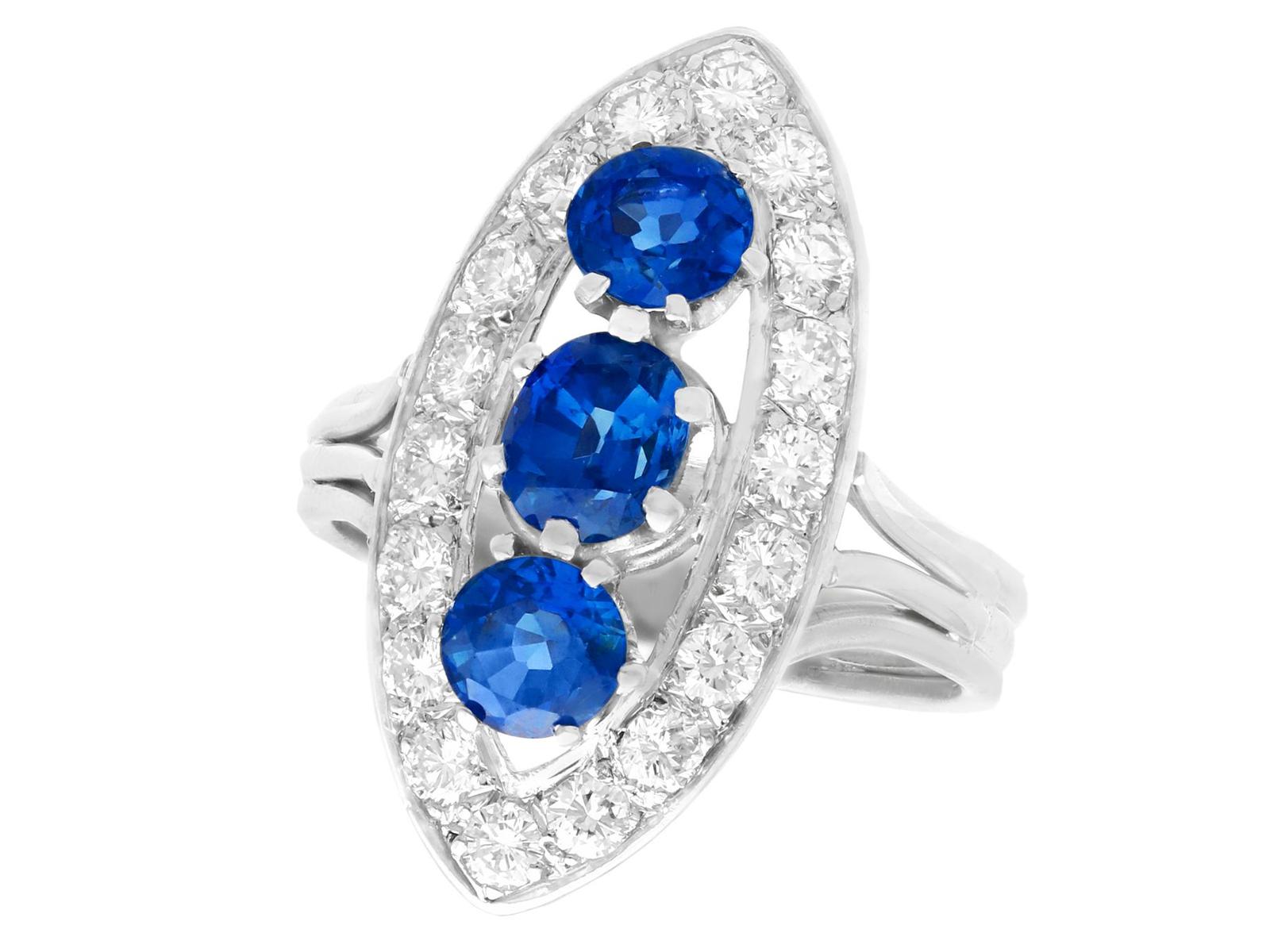 Vintage French 1.60ct Sapphire & 1.05ct Diamond 18ct White Gold Cluster Ring c.1970 (1 of 9)