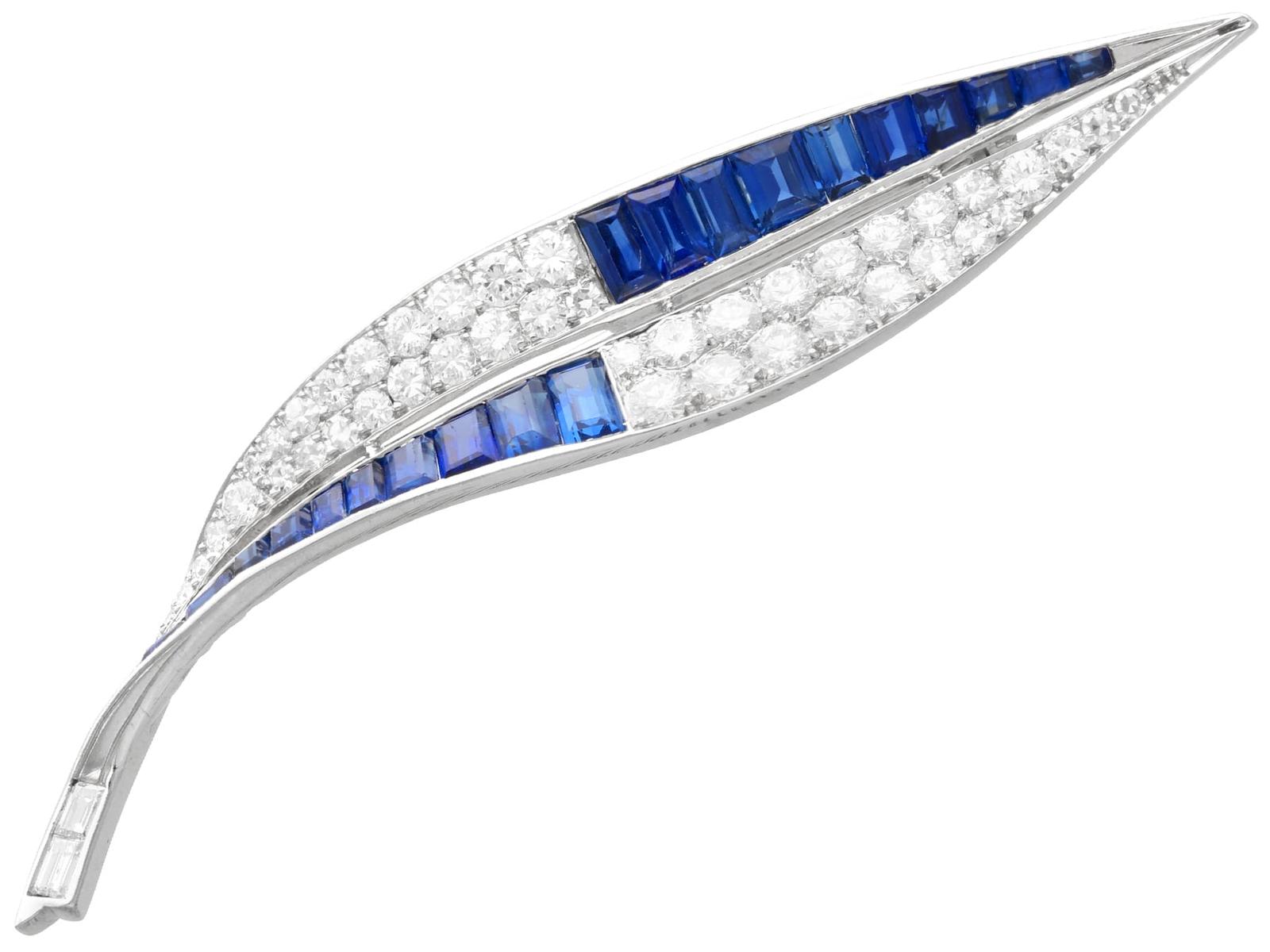 2.54ct Sapphire, 3.25ct Diamond & Platinum Leaf Brooch c.1930 (1 of 11)