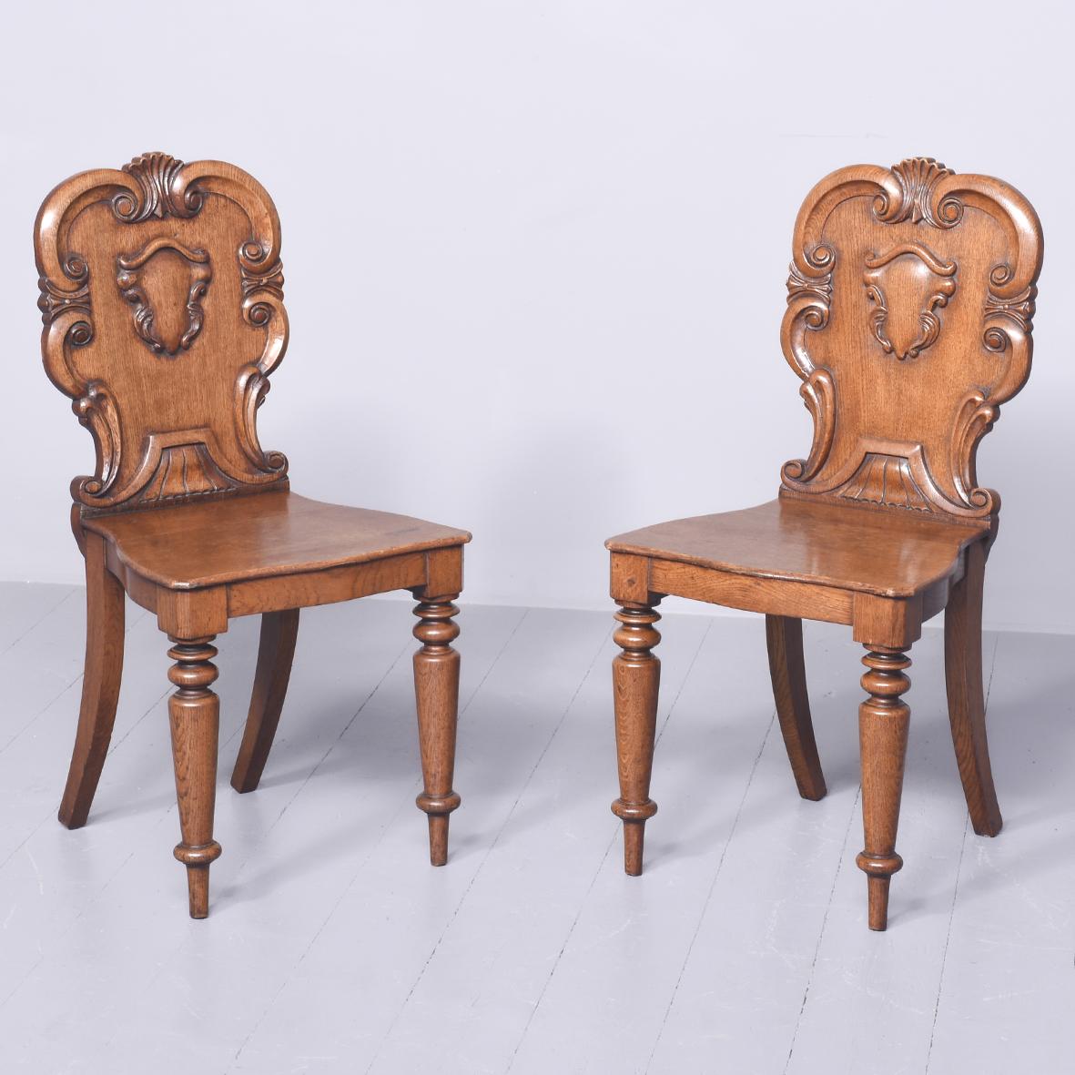 Quality Pair of Early Victorian Oak Hall Chairs (1 of 9)