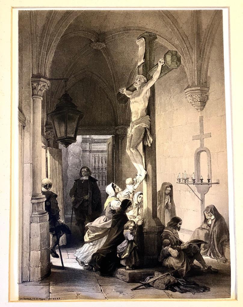 Original Large Antique Coloured Print by Louis Haghe Entrance to St Paul Antwerp (1 of 3)