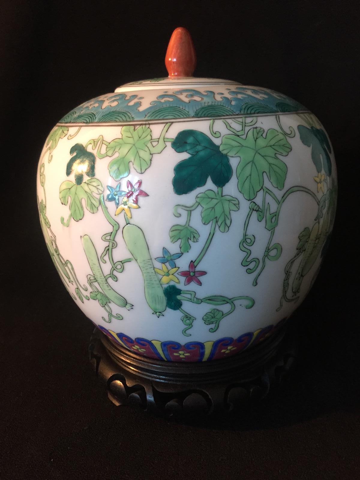 Chinese Vase Decorated with Gourds Complete with Hardwood Stand (1 of 7)