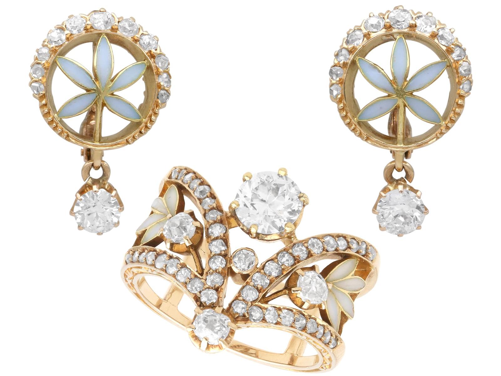 Antique Plique-a-jour & 3.68ct Diamond, 18k Yellow Gold Earring & Ring Set c.1890 (1 of 25)