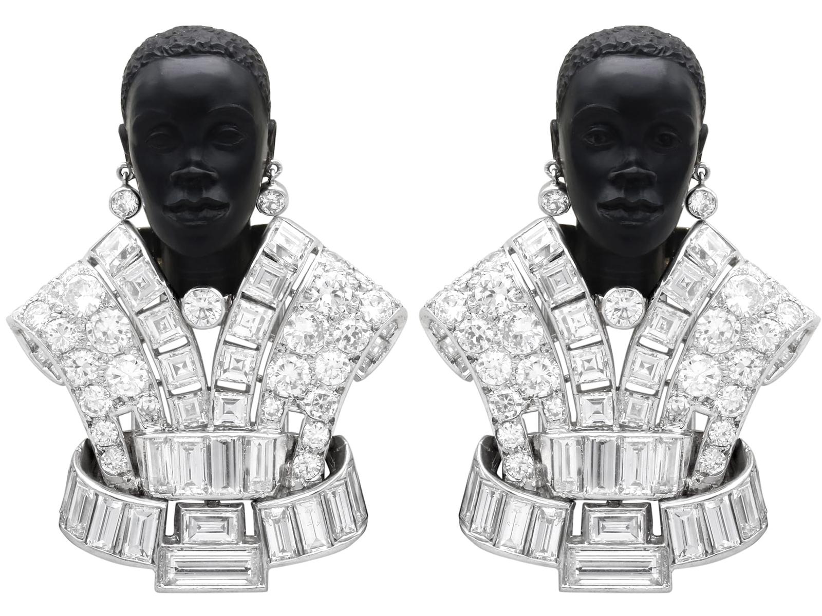 Antique Art Deco Carved Dyed Quartz, 23.06ct Diamond & Palladium Brooches c.1925 (1 of 16)