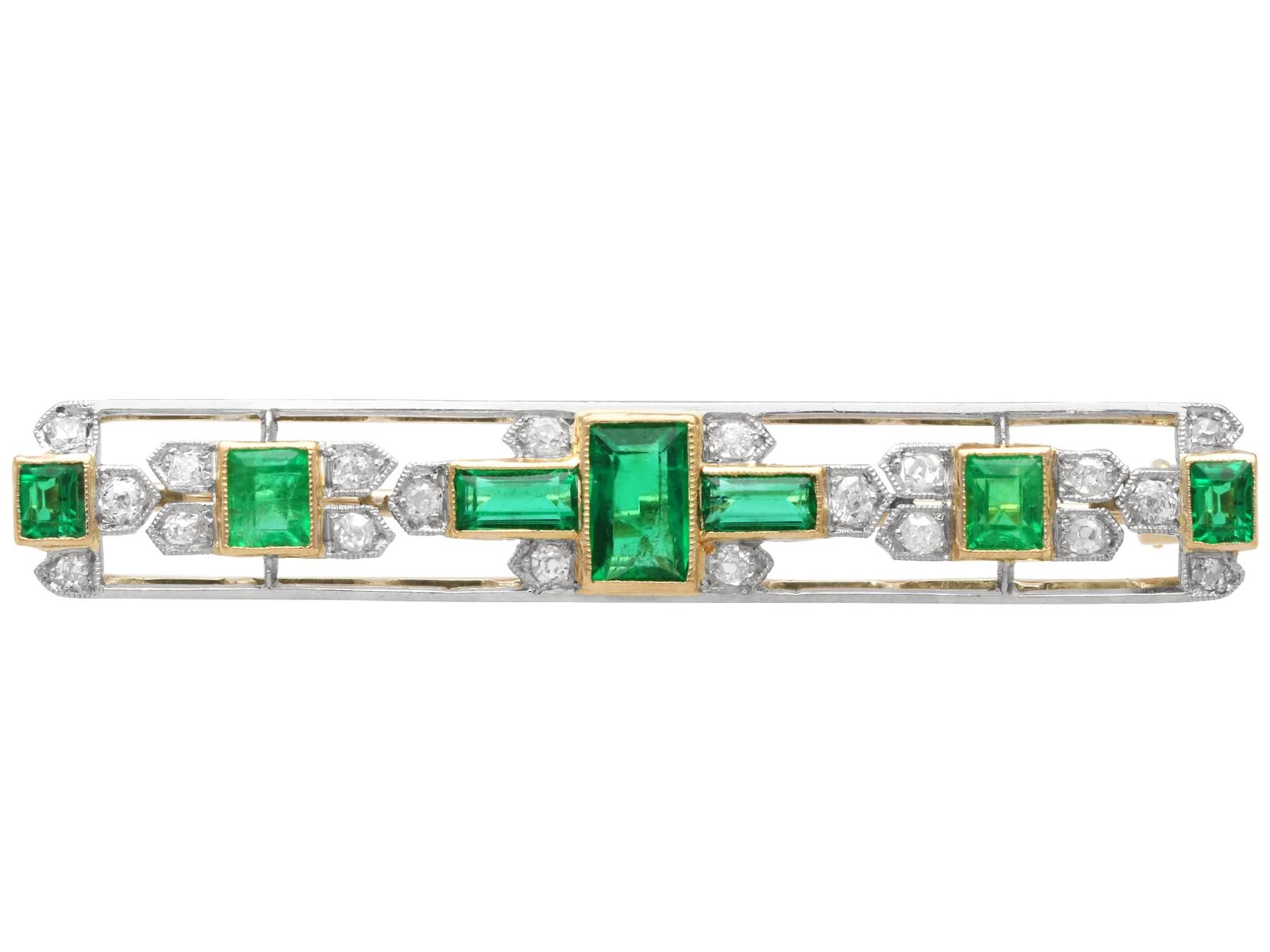 Antique 2.05ct Emerald & 0.40ct Diamond, 9ct Yellow Gold Bar Brooch c.1910 (1 of 9)