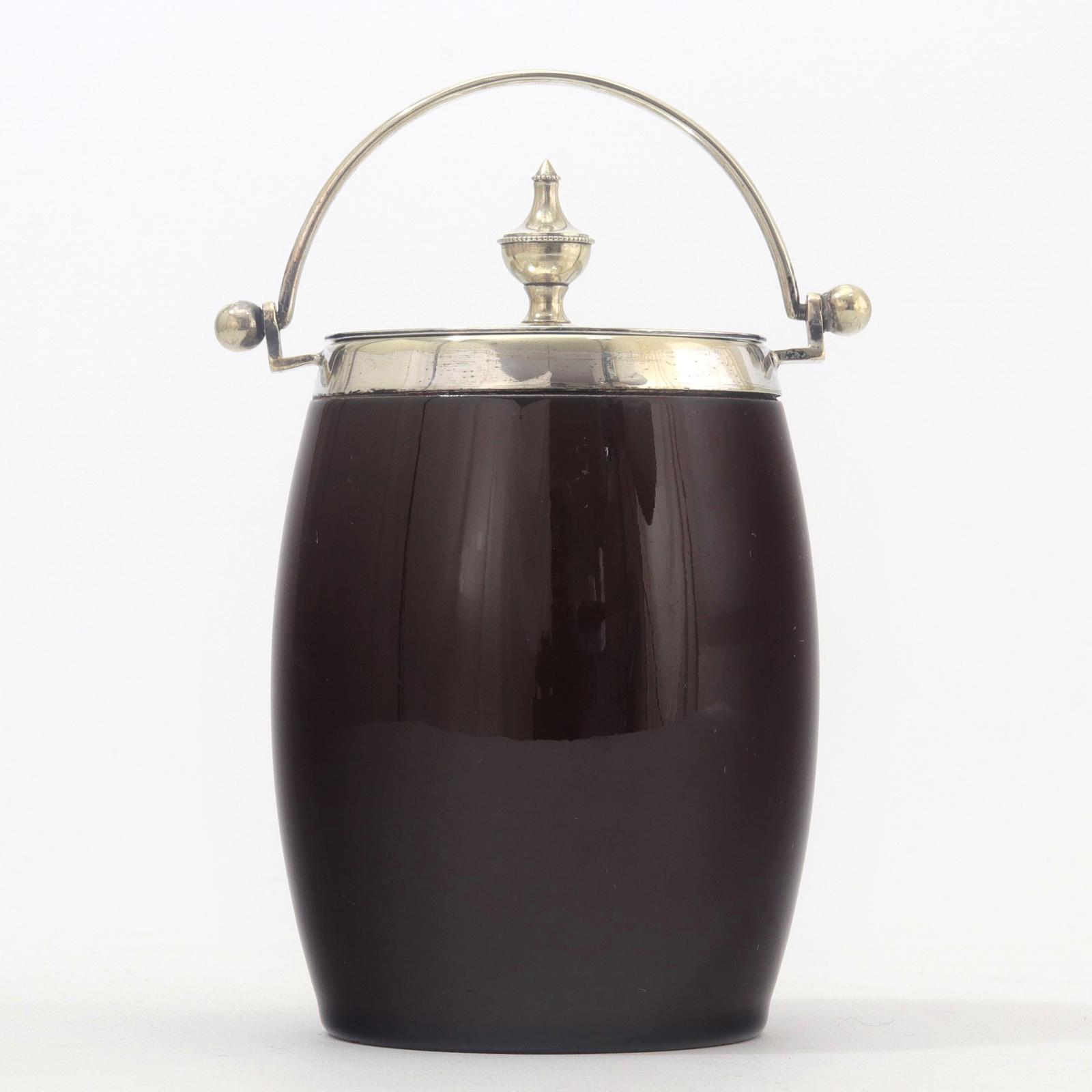 Linthorpe Pottery Small Biscuit Barrel with Swing Handle by Henry Tooth c.1880 (1 of 8)