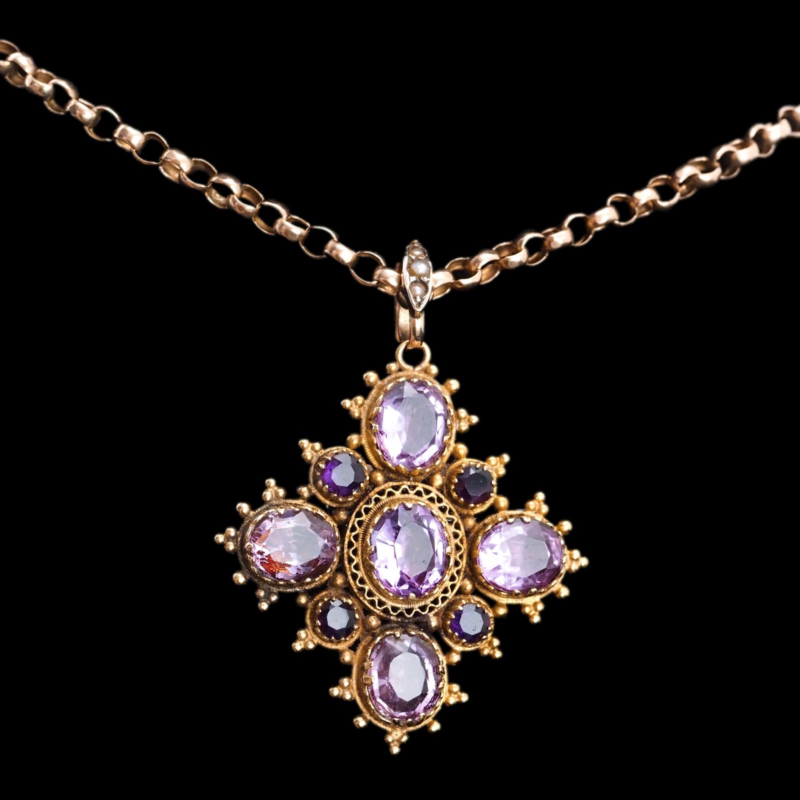 Antique Georgian 18ct Gold Amethyst Pendant Necklace Cannetille c.1820 (1 of 19)