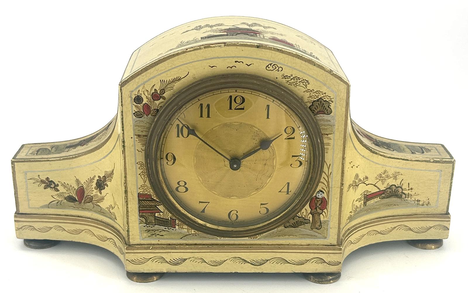 French Beige Antique Hand Painted Chinoiserie Mantel Clock c.1900 (1 of 10)