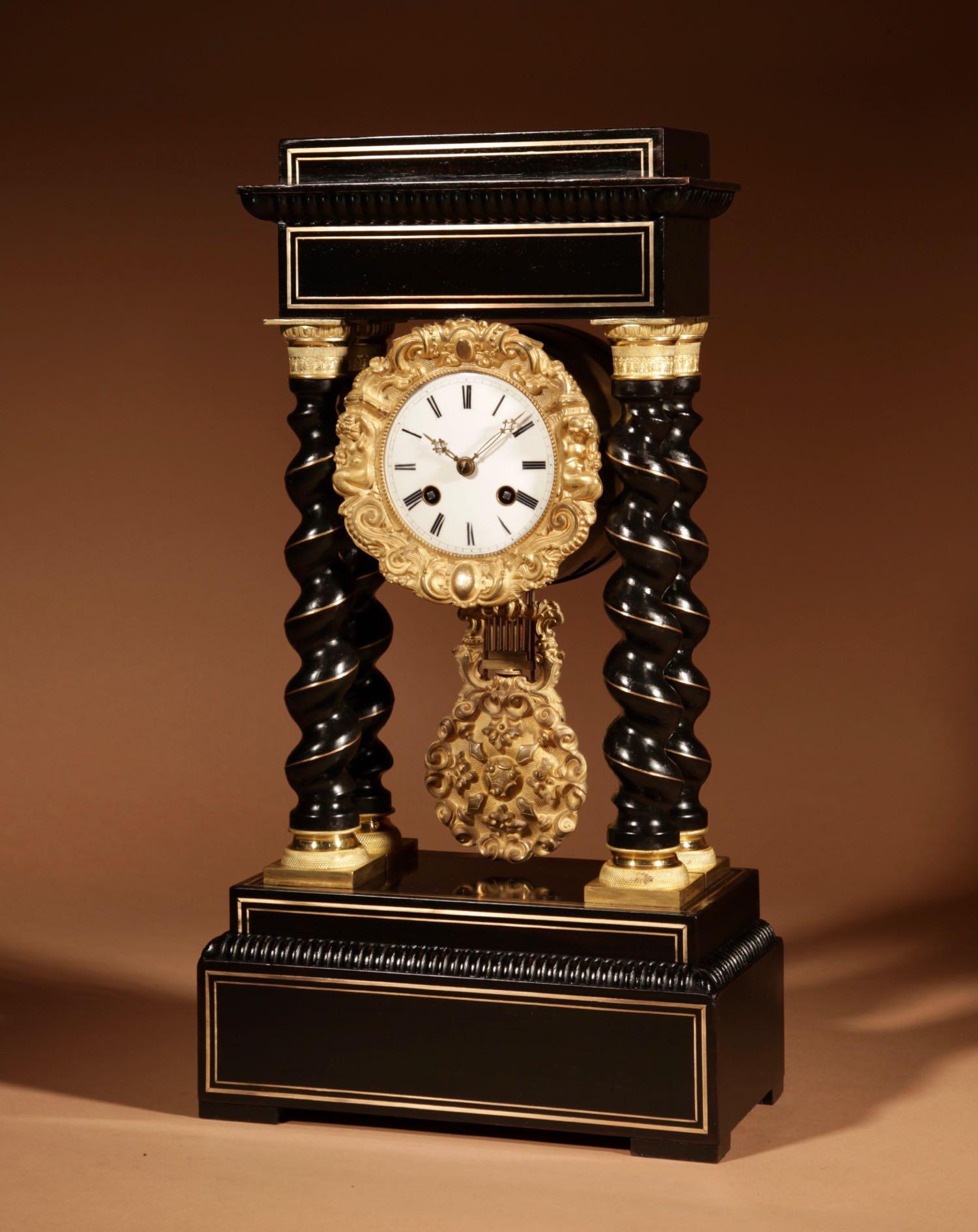 Original Ebonised & Brass Inlaid French Portico Clock c.1870 (1 of 7)