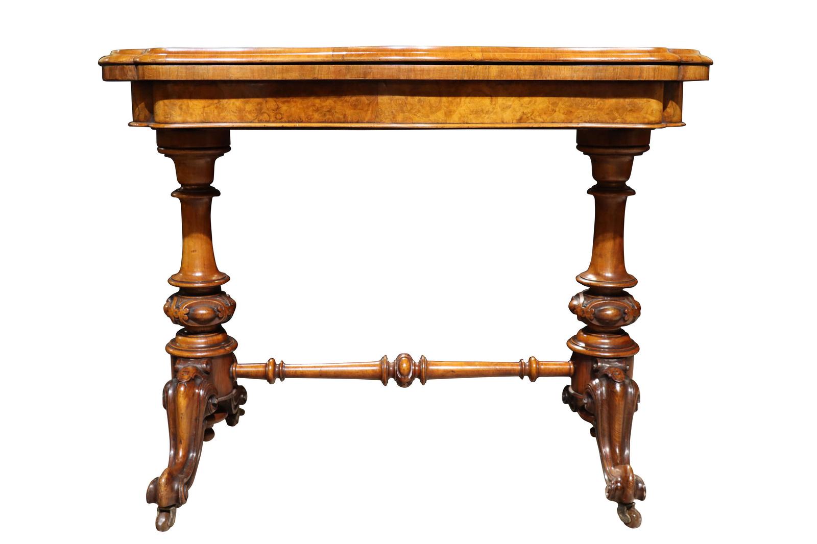 Victorian Burr Walnut Card Table with Fold Over Top & Carved Supports c.1870 (1 of 6) Victorian Burr Walnut Card Table with Fold Over Top & Carved Supports c.1870 (1 of 6)