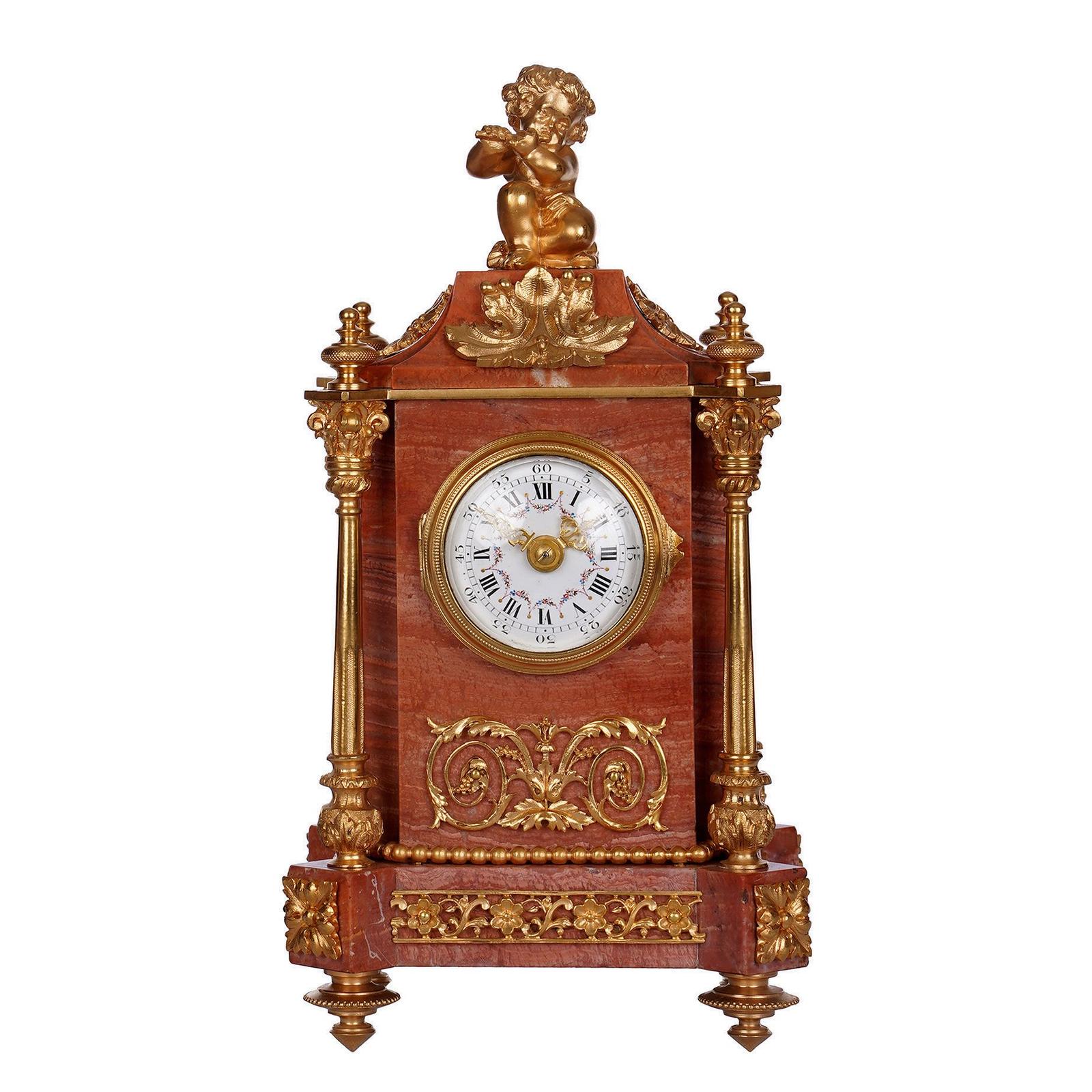 French Pink Marble & Ormolu Timepiece Clock (1 of 1)