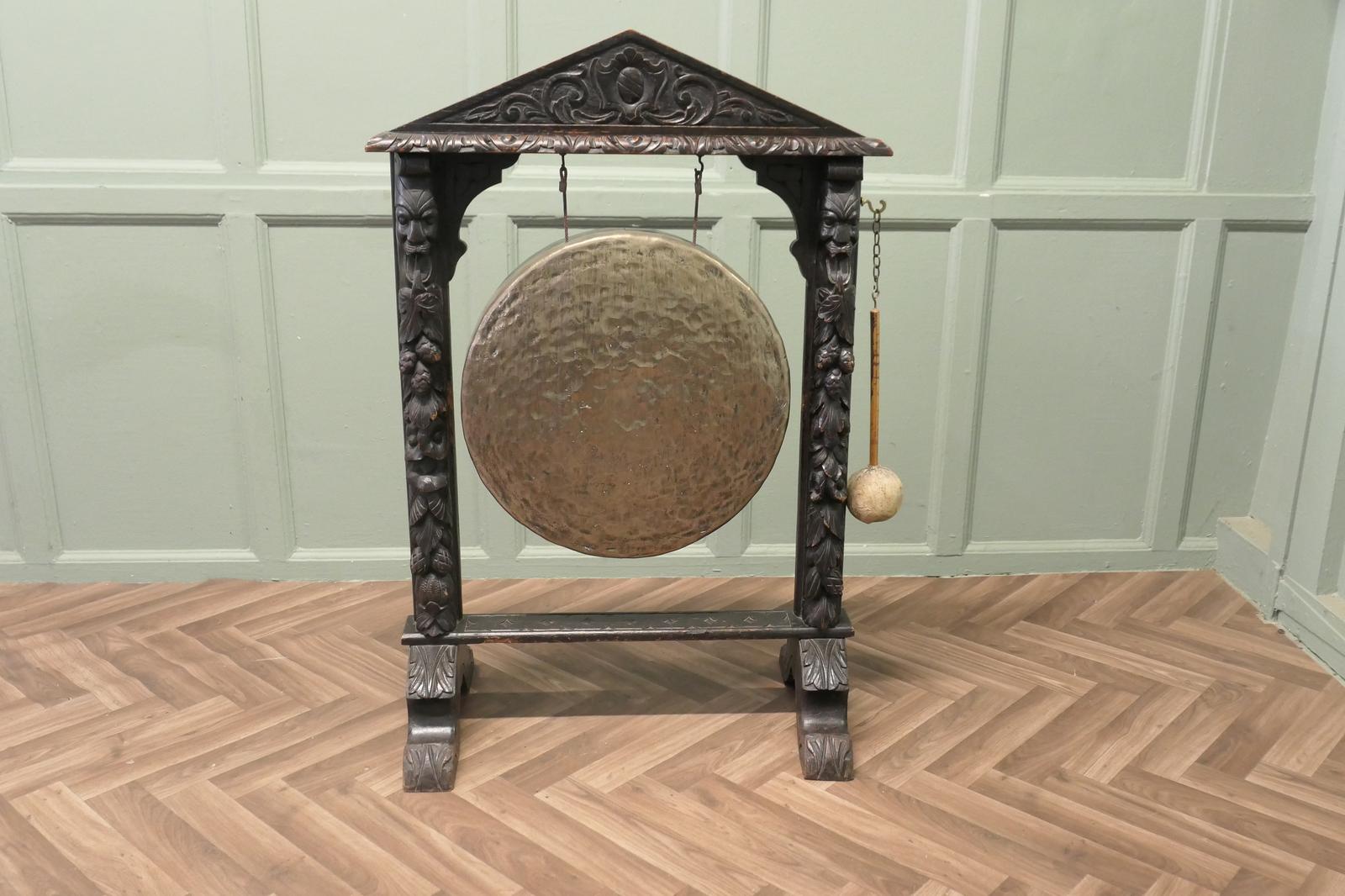 Large Gothic Carved Oak & Brass Dinner Gong (1 of 6)
