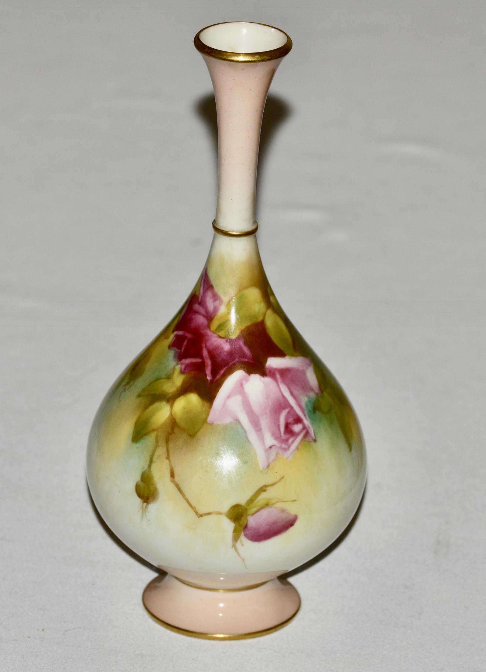 1913 Royal Worcester Hadley Porcelain Vase - Painted with Pink & Red Roses (1 of 7)