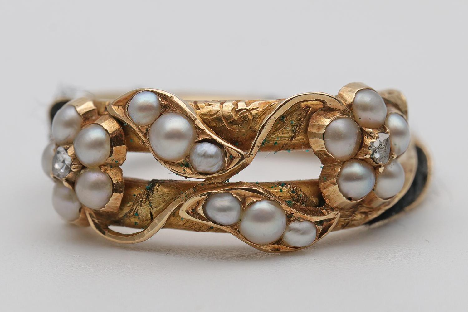Victorian Memorial Ring Set with Diamonds, Pearls & Hairwork (1 of 5)