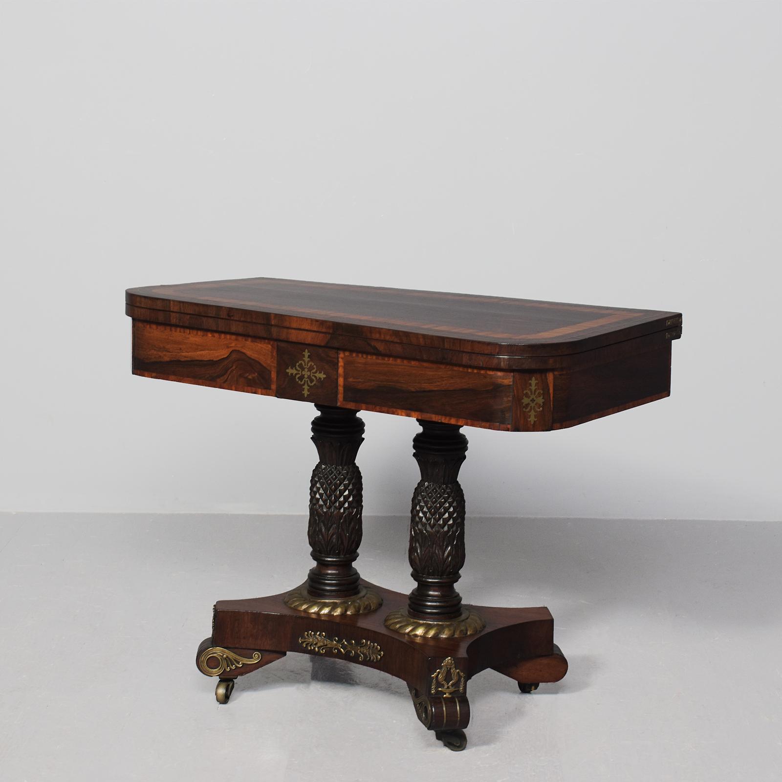 Regency Brass & Satinwood-Inlaid Rosewood Games Table with Amazing Carved Pineapple Supports (1 of 9) Regency Brass & Satinwood-Inlaid Rosewood Games Table with Amazing Carved Pineapple Supports (1 of 9)