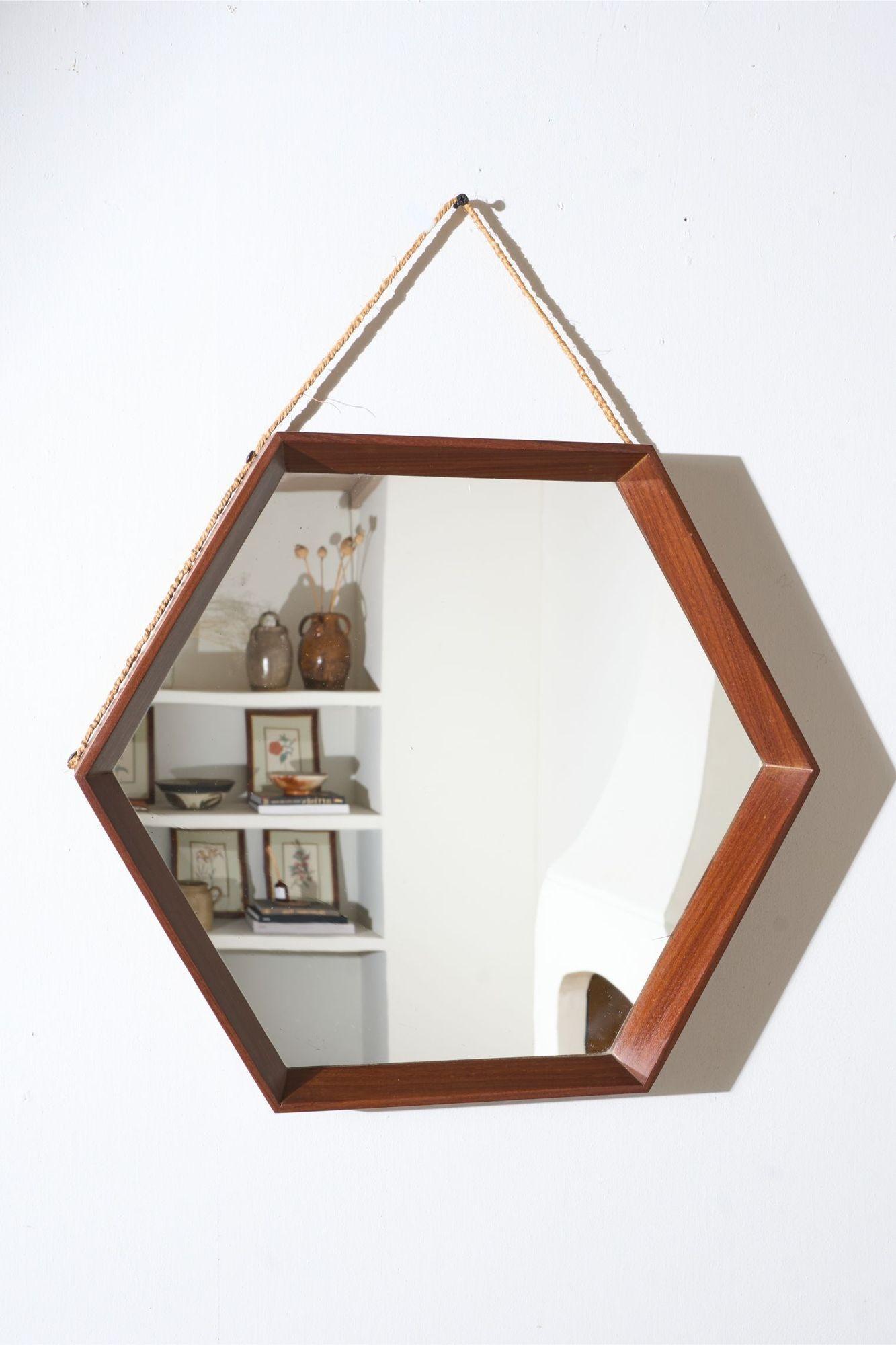 Mid 20th Century Solid Teak Hexagonal Mirror - No2 (1 of 4) Mid 20th Century Solid Teak Hexagonal Mirror - No2 (1 of 4)