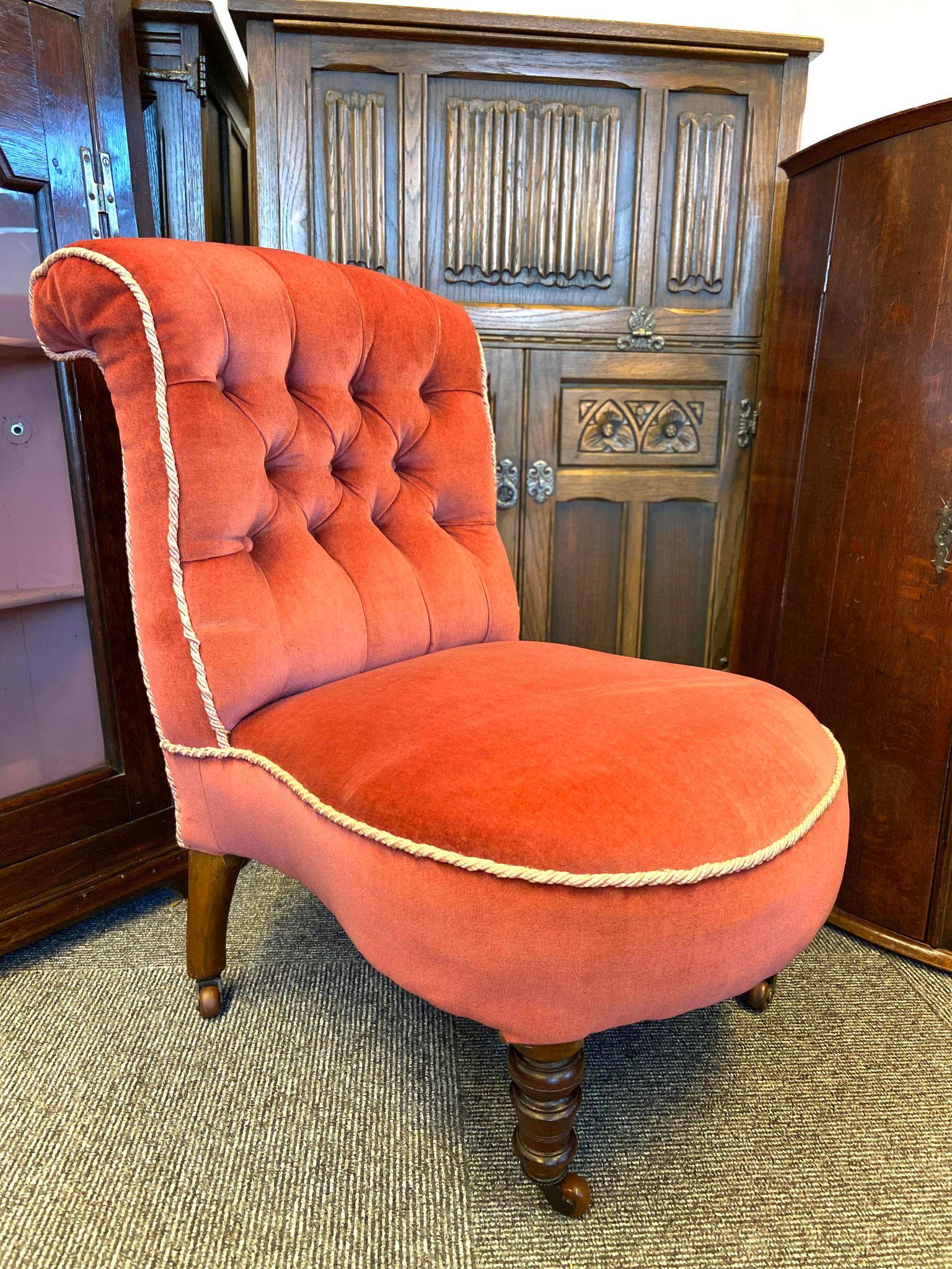 Antique Scrollback Slipper Chair / Pink Fabric Seat / Turned Legs With