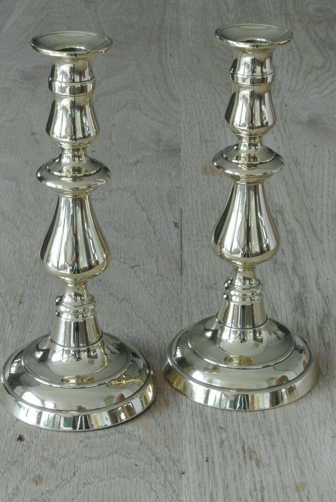Pair of Victorian Brass Candlesticks c.1830-1860 Round Base Through Pushers 9.6" (1 of 6)