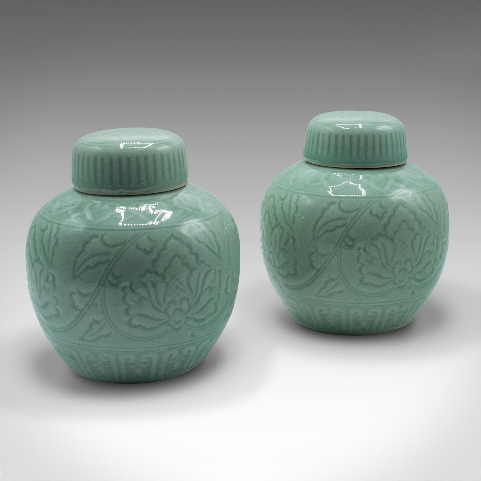 Pair of Antique Decorative Spice Jars, Chinese, Celadon, Ceramic Pot, Victorian (1 of 12)