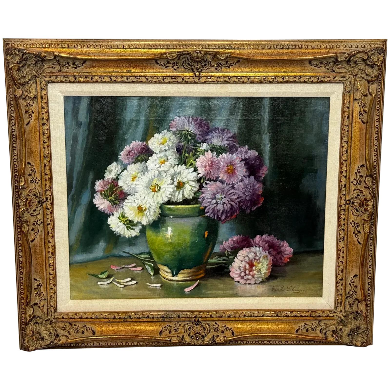 American Oil Painting Flowers Chrysanthemums in Vase by Emily Selinger (1 of 44)