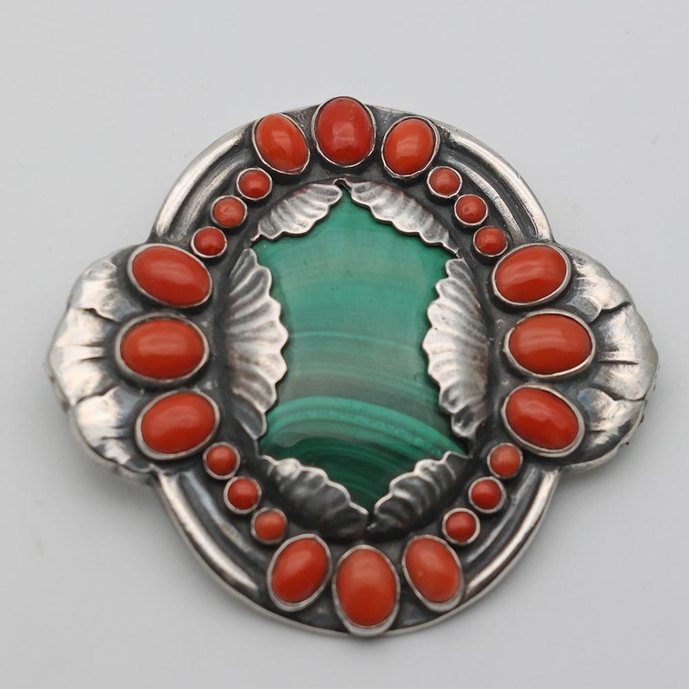 Georg Jensen Rare Master Brooch Number 1 with Malachite & Coral (1 of 3) Georg Jensen Rare Master Brooch Number 1 with Malachite & Coral (1 of 3)