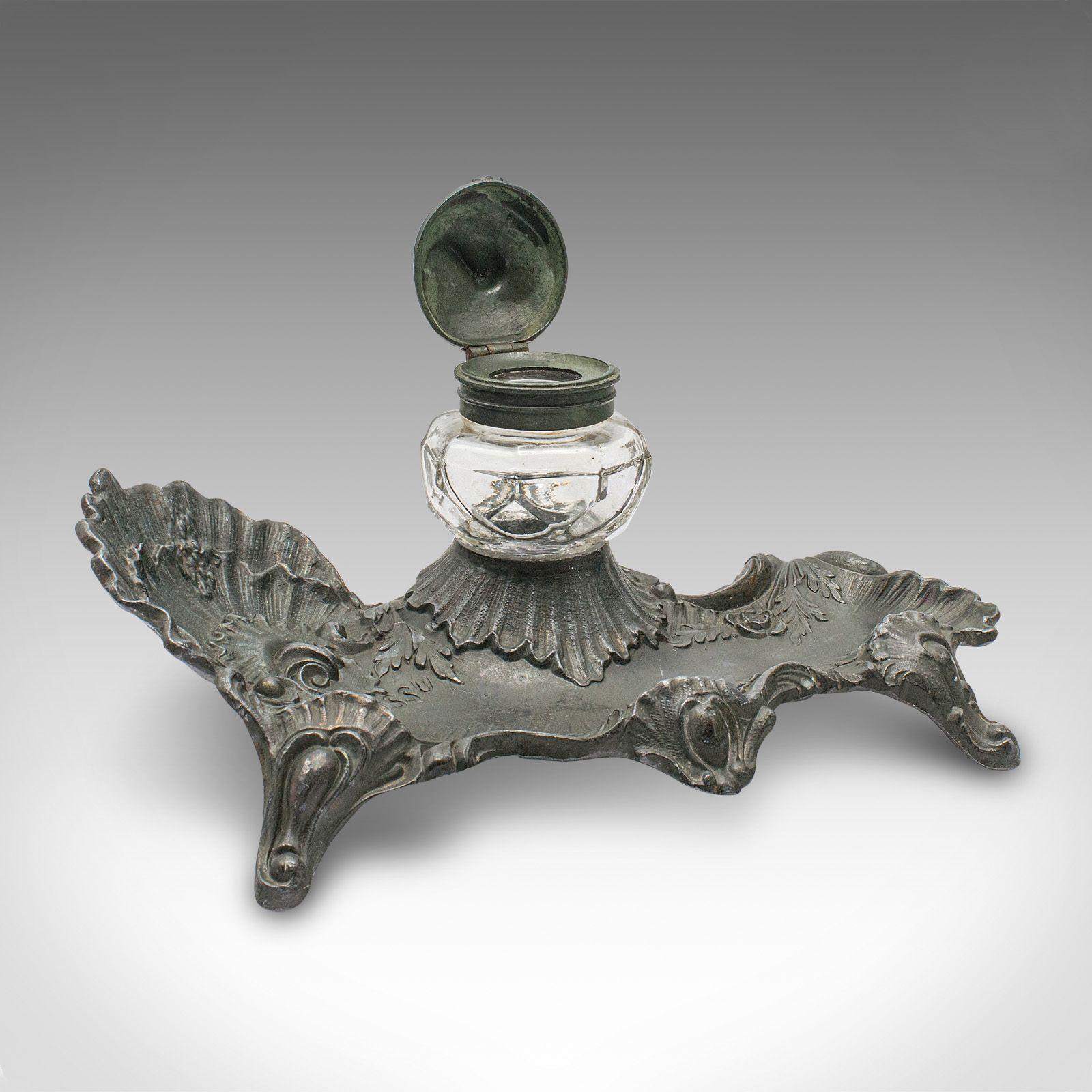 Antique Art Nouveau Inkwell, French, Pewter, Decorative Pen Tray c.1900 (1 of 12)