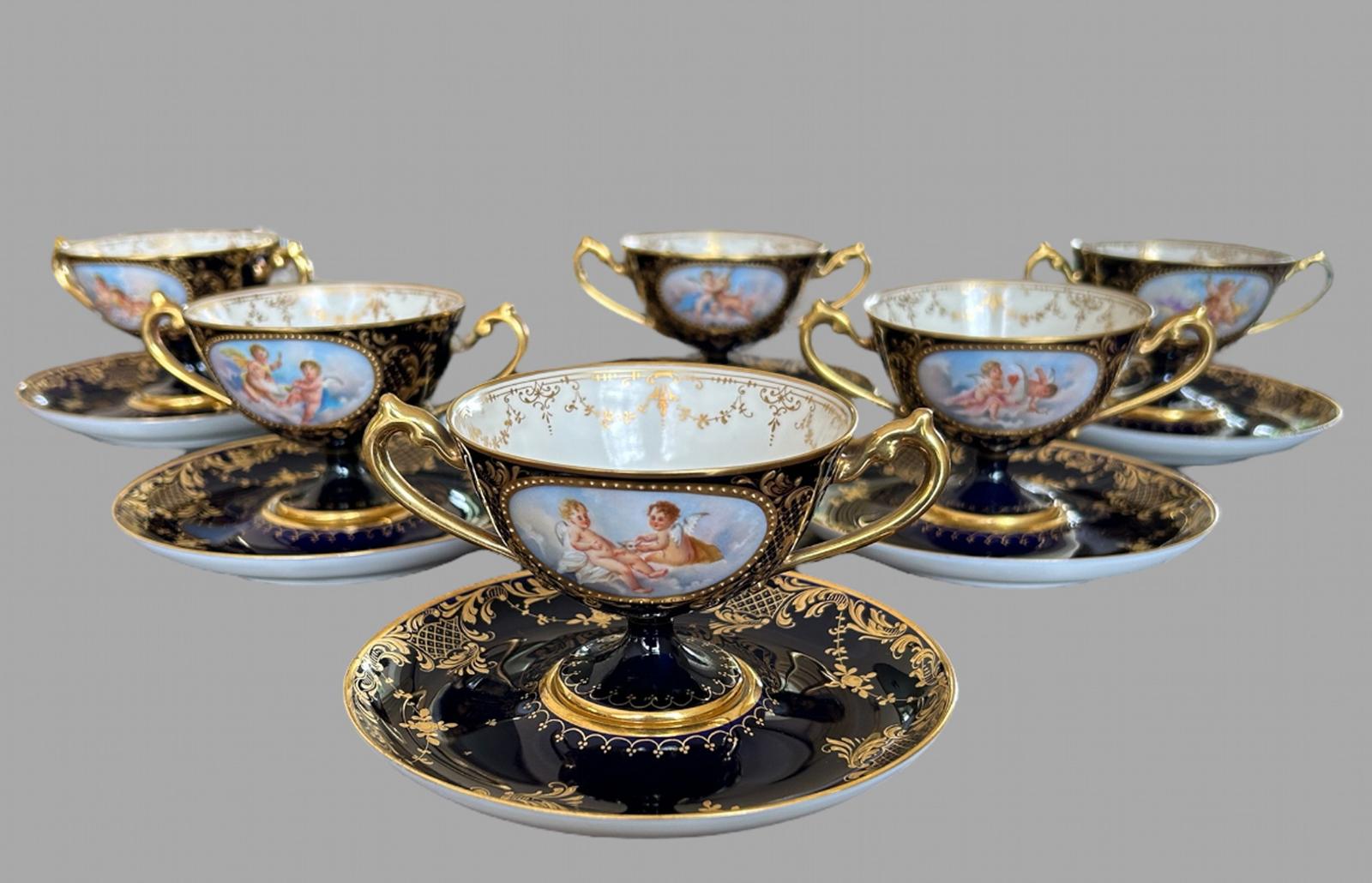 Set of 19th Century Dresden Porcelain Double Handled Cup & Saucers (1 of 14) Set of 19th Century Dresden Porcelain Double Handled Cup & Saucers (1 of 14)