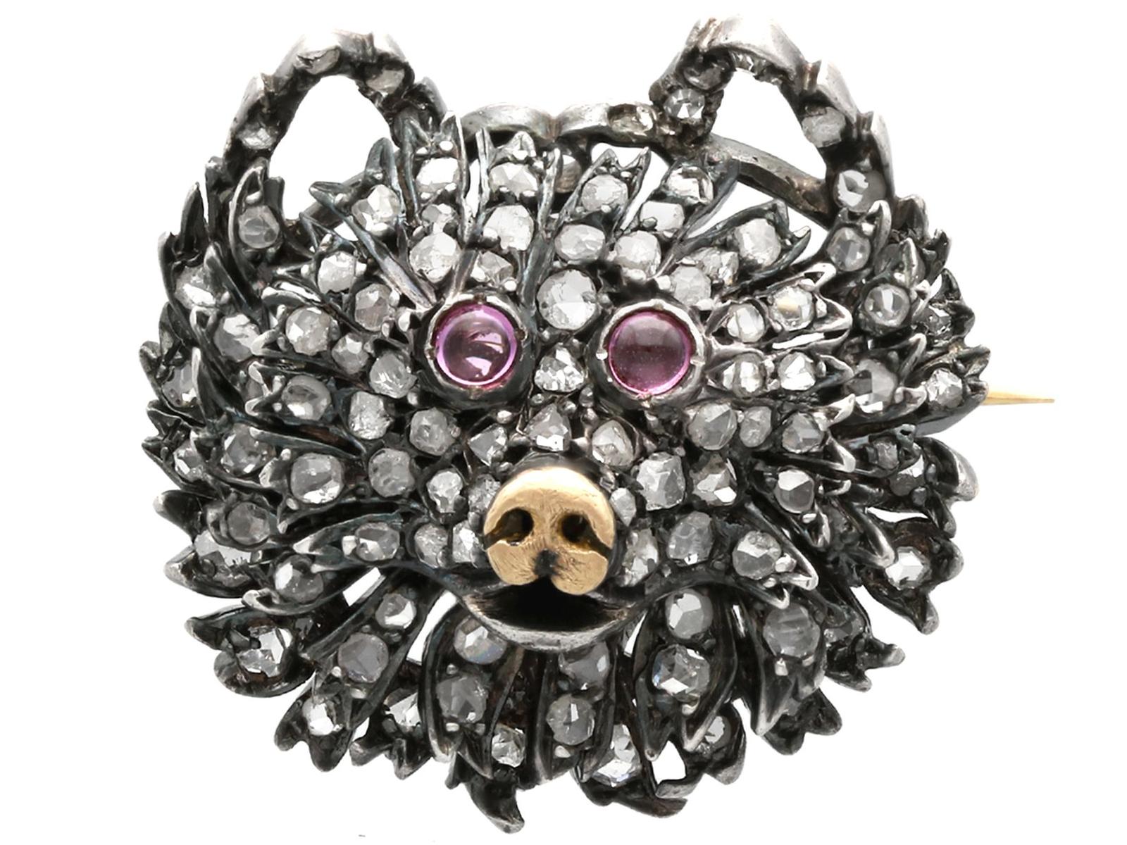 1.16ct Diamond & Ruby, 9ct Yellow Gold 'Bear' Brooch - Antique Victorian (1 of 9)