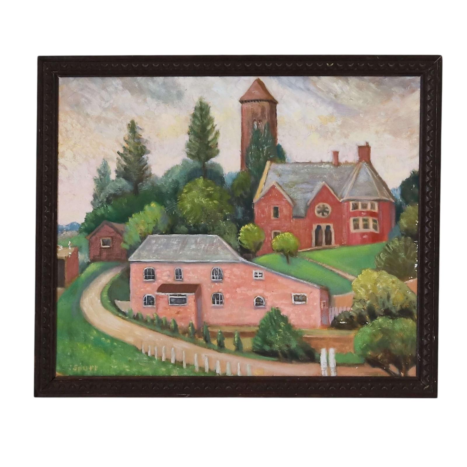 English 1920s Naïve Oil on Board Painting of Charming Village Scene (1 of 5)