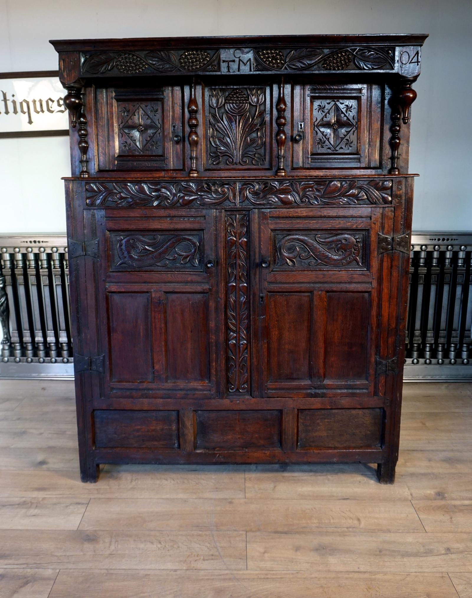 Charming Original Narrow Oak Carved Court Cupboard (1 of 10)