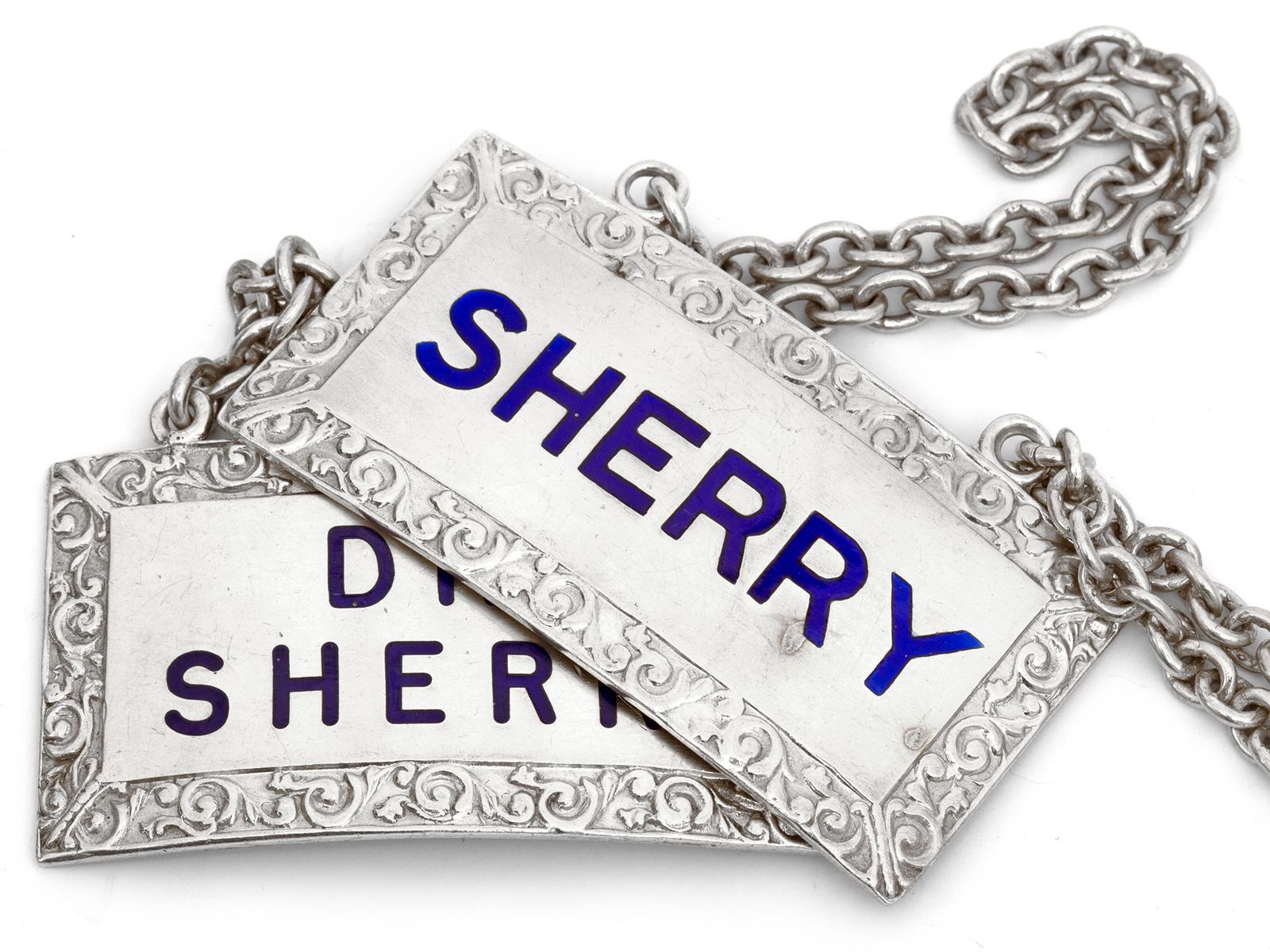 Pair of Rectangular Silver Sherry Decanter Labels with Blue Enamel Lettering (1 of 5) Pair of Rectangular Silver Sherry Decanter Labels with Blue Enamel Lettering (1 of 5)
