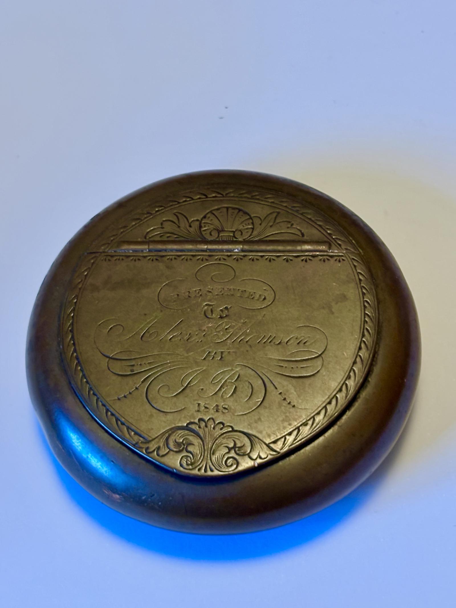 Early Victorian Bronze Metal Presentation Table Snuff Box Dated 1848 (1 of 10)