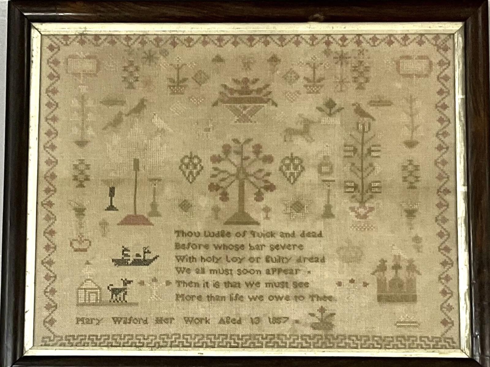 Needlework Sampler Dog, Birds, Trees, Crowns, Verse, Plants Antique Victorian c.1857 (1 of 10) Needlework Sampler Dog, Birds, Trees, Crowns, Verse, Plants Antique Victorian c.1857 (1 of 10)