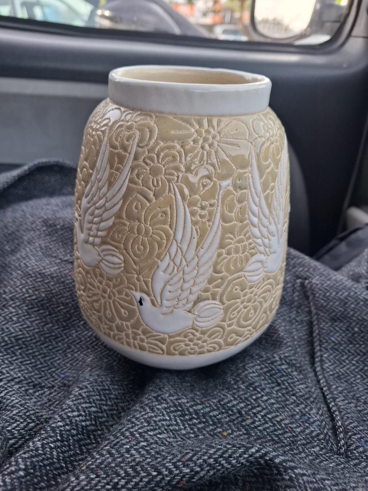 Superb French Art Deco Pottery Vase - Doves c.1930 (1 of 5)