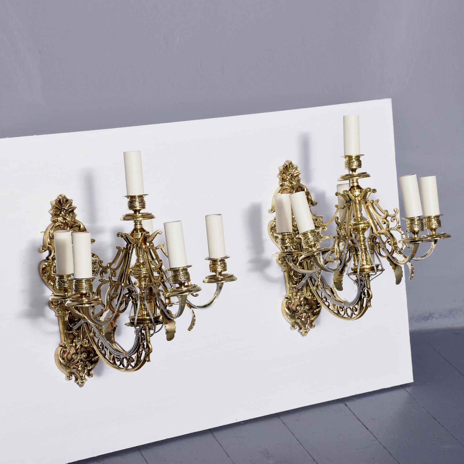 Large Pair of Brass 5 Lamp Wall Sconces (1 of 8)