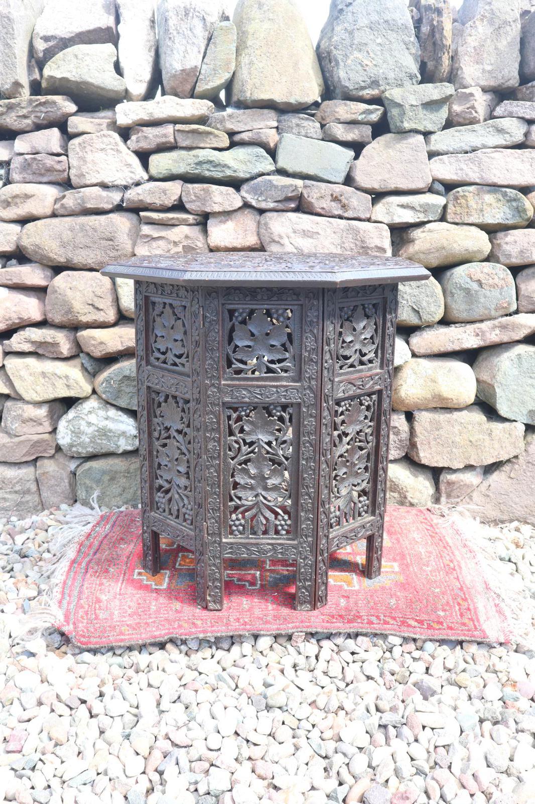 Anglo-Indian / Burmese Octagonal Hardwood Side / Wine Table Carved with Fruiting Vine c.1890-1915 (1 of 39)