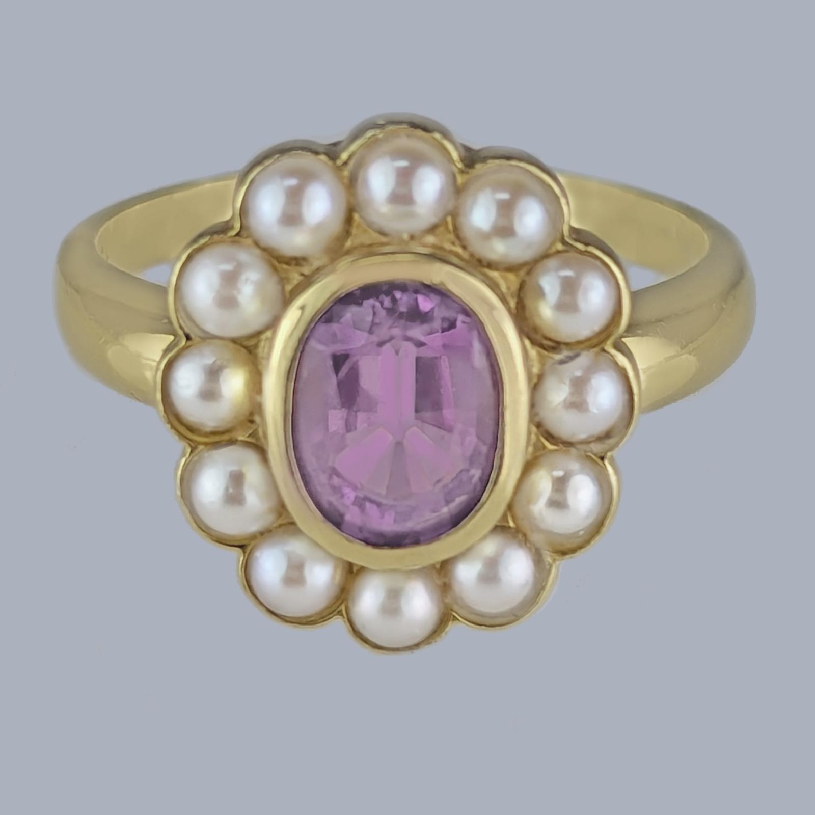 Vintage Amethyst and Pearl Cluster Ring 18ct Gold 1980s Victorian Style Ring (1 of 7)