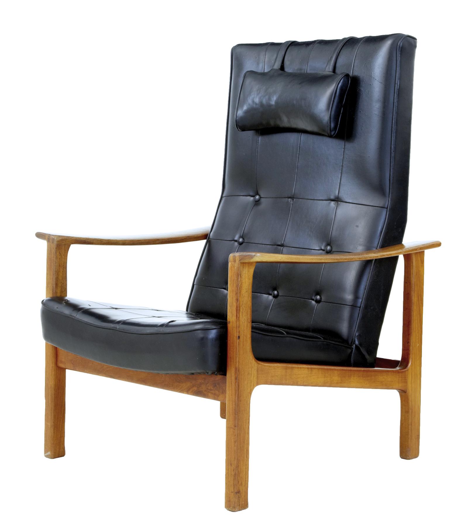 Mid 20th Century Scandinavian Modern Teak Reclining Leather Armchair (1 of 9)