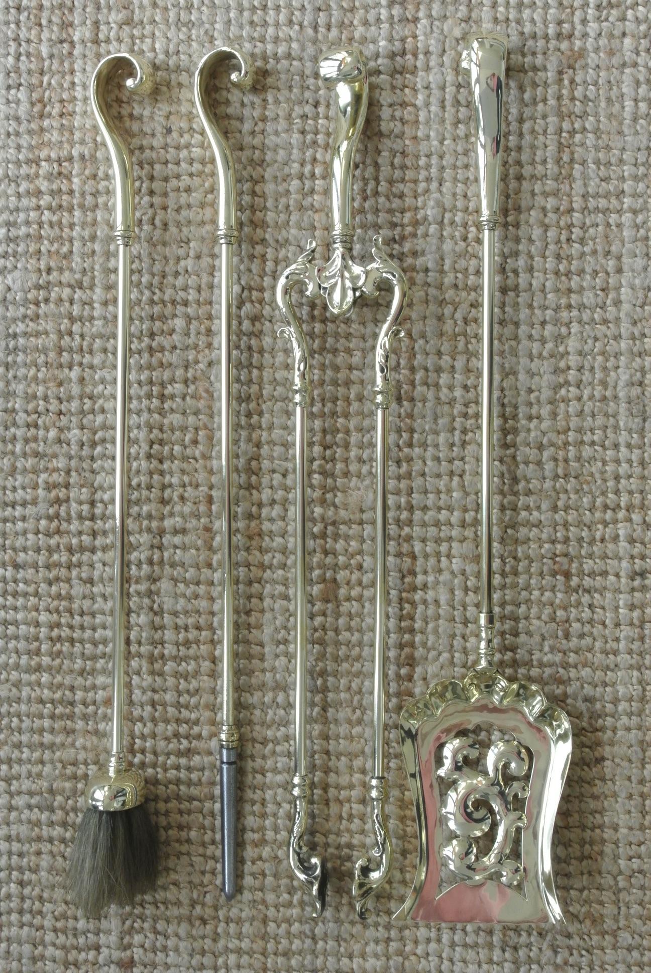 Art Nouveau 4 Piece Brass Fire Irons Poker Tongs Shovel Brush Brass Fire Tools Companion Set (1 of 12)