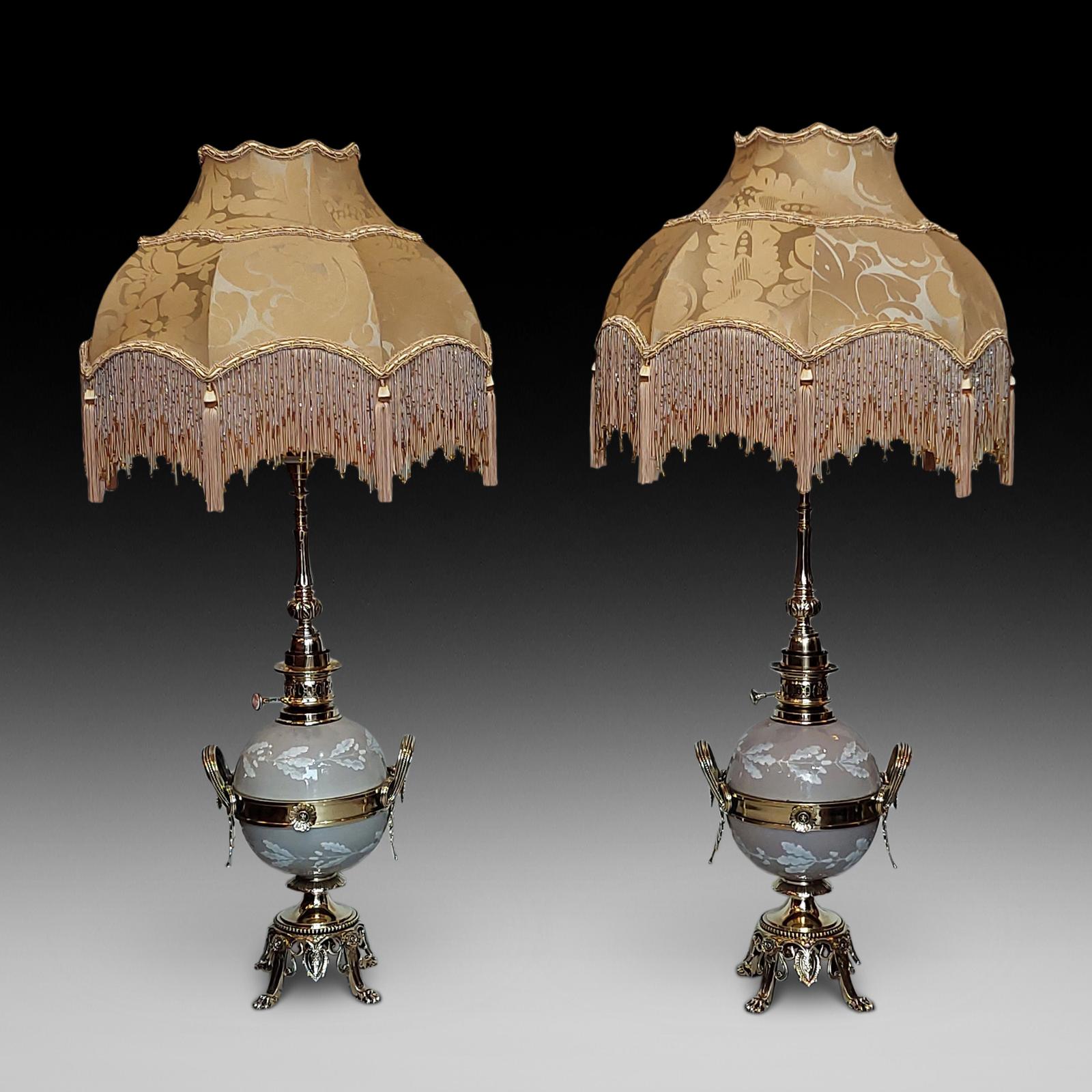 Pair of Late 19thc  Gilt  Brass & Porcelain Oil Lamps (1 of 10)