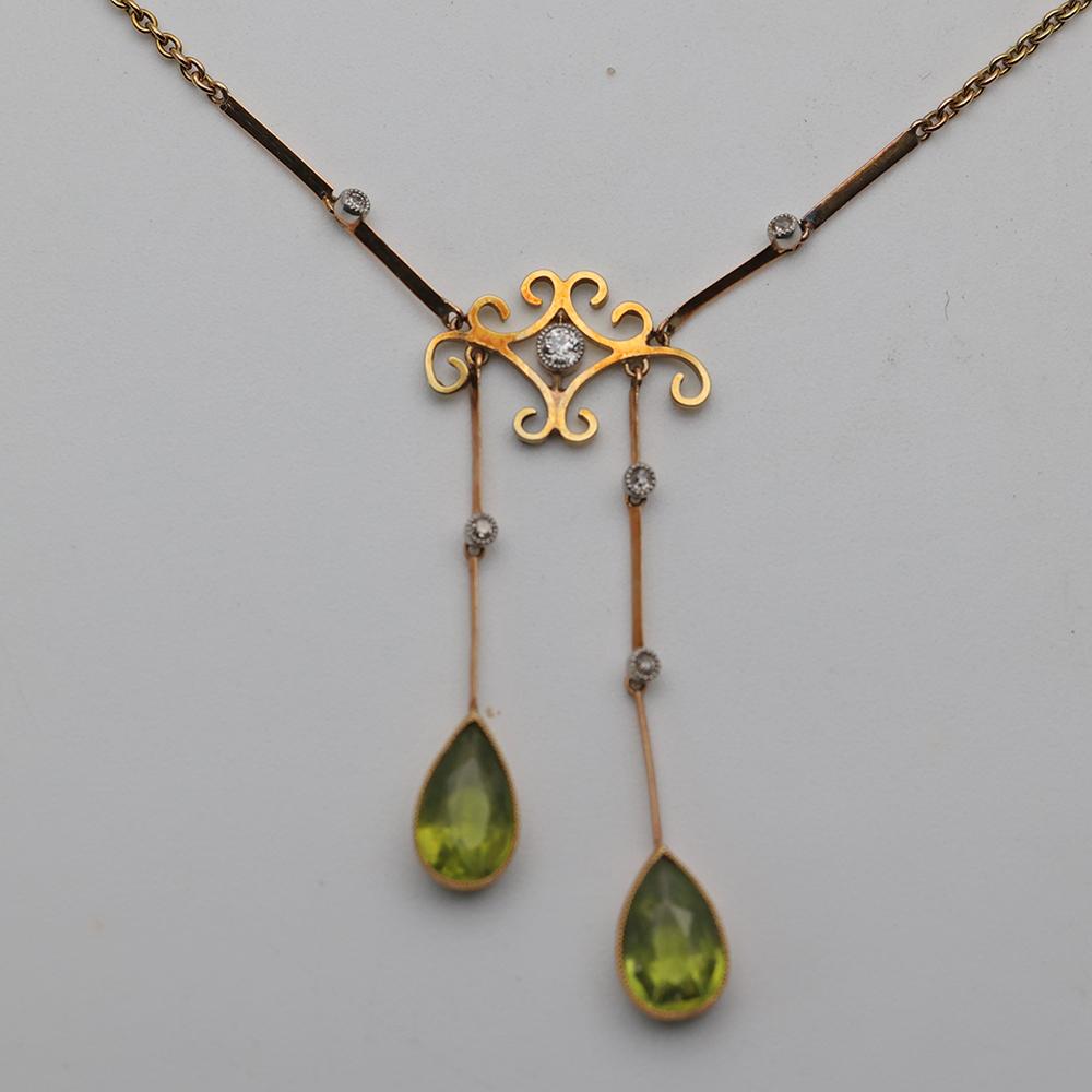 Art Nouveau 15ct Gold Negligee Necklace with Diamonds and Peridots (1 of 2)