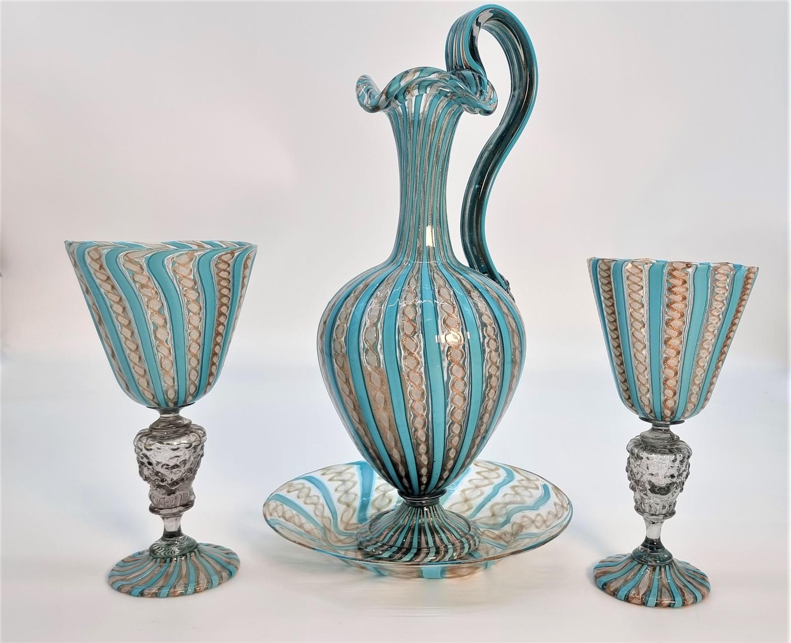 Antique Venetian Lattico Glass Claret Jug / Ewer Complete with Matching Stand and a Pair of Goblets c.1870 (1 of 22)