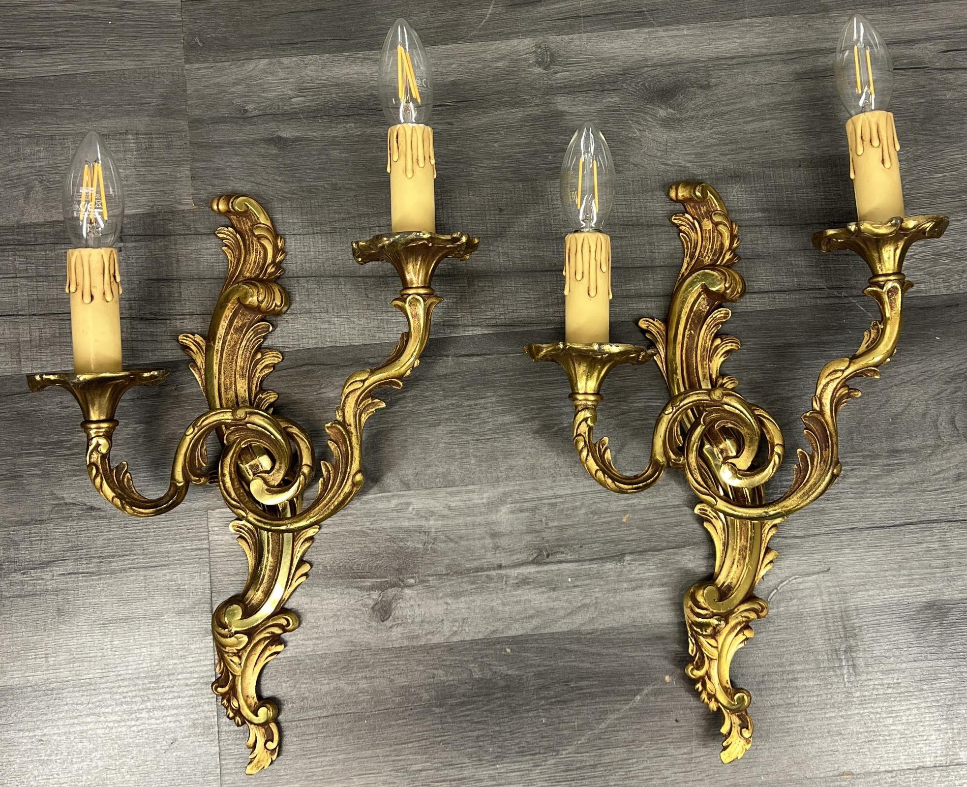 Pair of Wall Lights Vintage French Brass Rococo Sconces with 2 Arms (1 of 12)