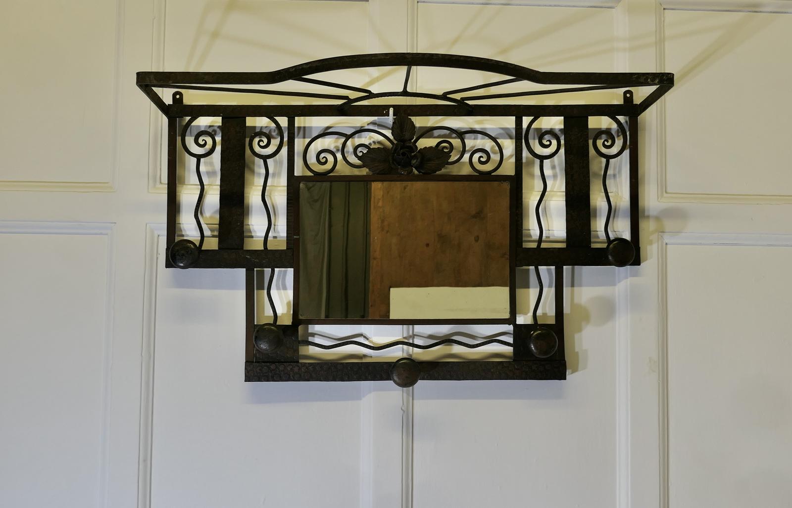 French Art Deco Iron Hat & Coat Rack with Shelf & Mirror, Industrial Style (1 of 7)
