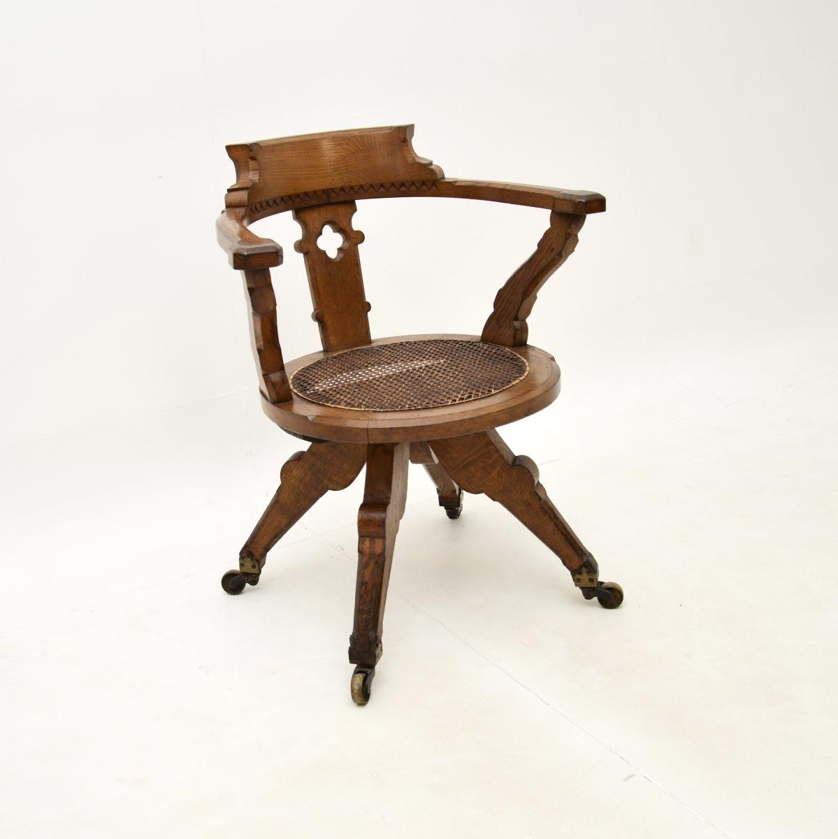 Antique Victorian Gothic Revival Solid Oak Swivel Desk Chair (1 of 13)