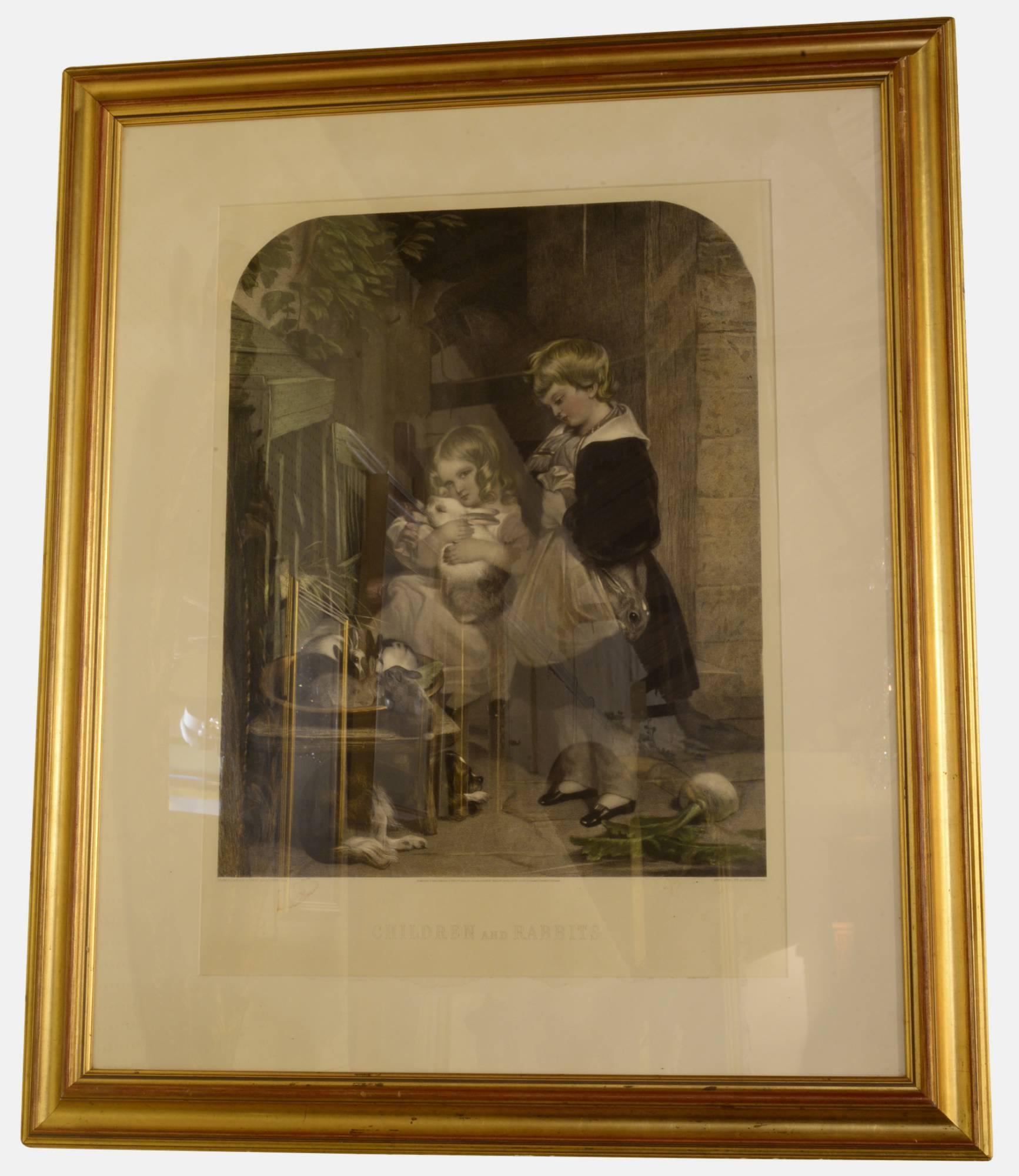 Hand Tinted Engraving 'Children with Rabbits' (1 of 1) Hand Tinted Engraving 'Children with Rabbits' (1 of 1)