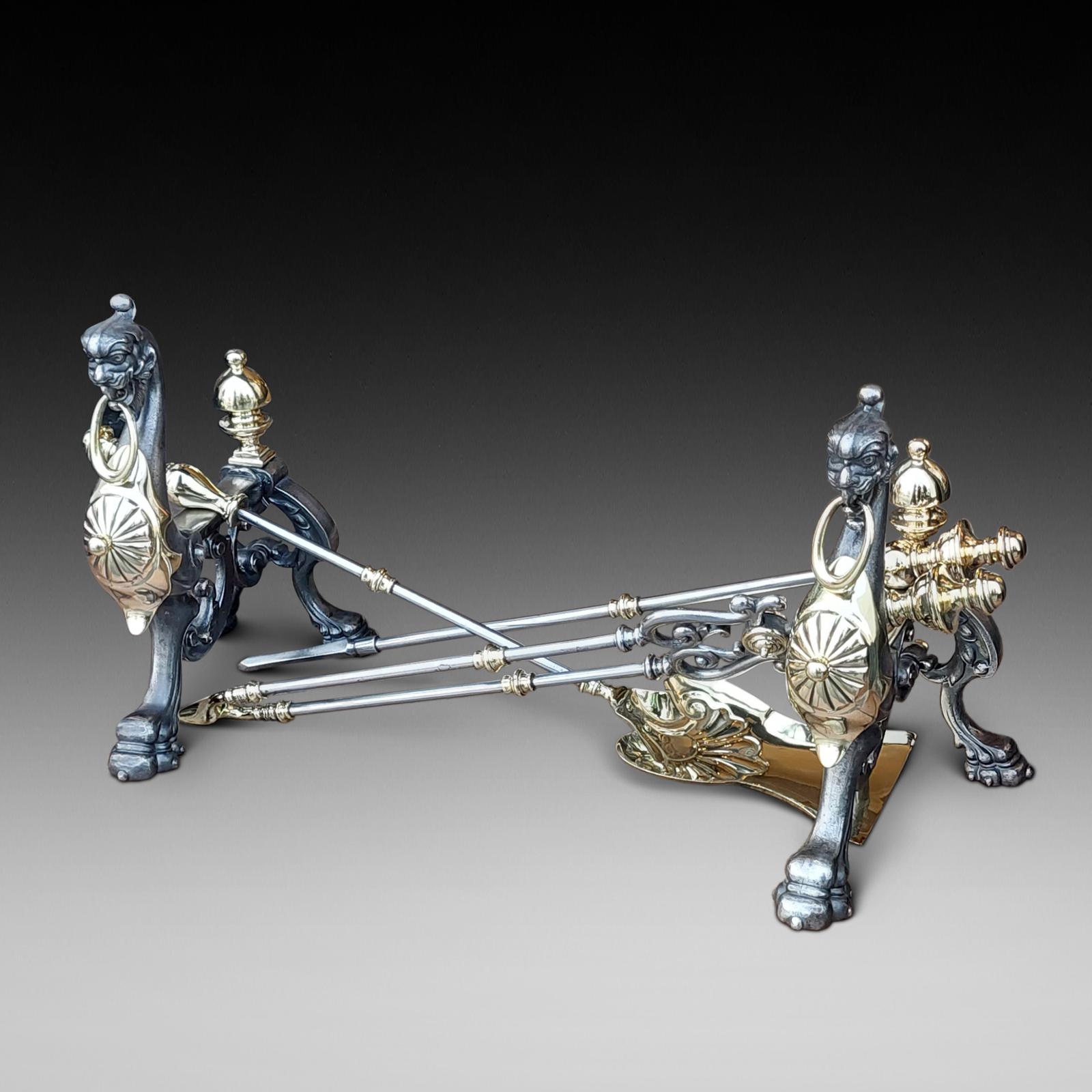 Set of 3 Victorian Brass & Cast Iron Fire Tools with Andirons (1 of 8)