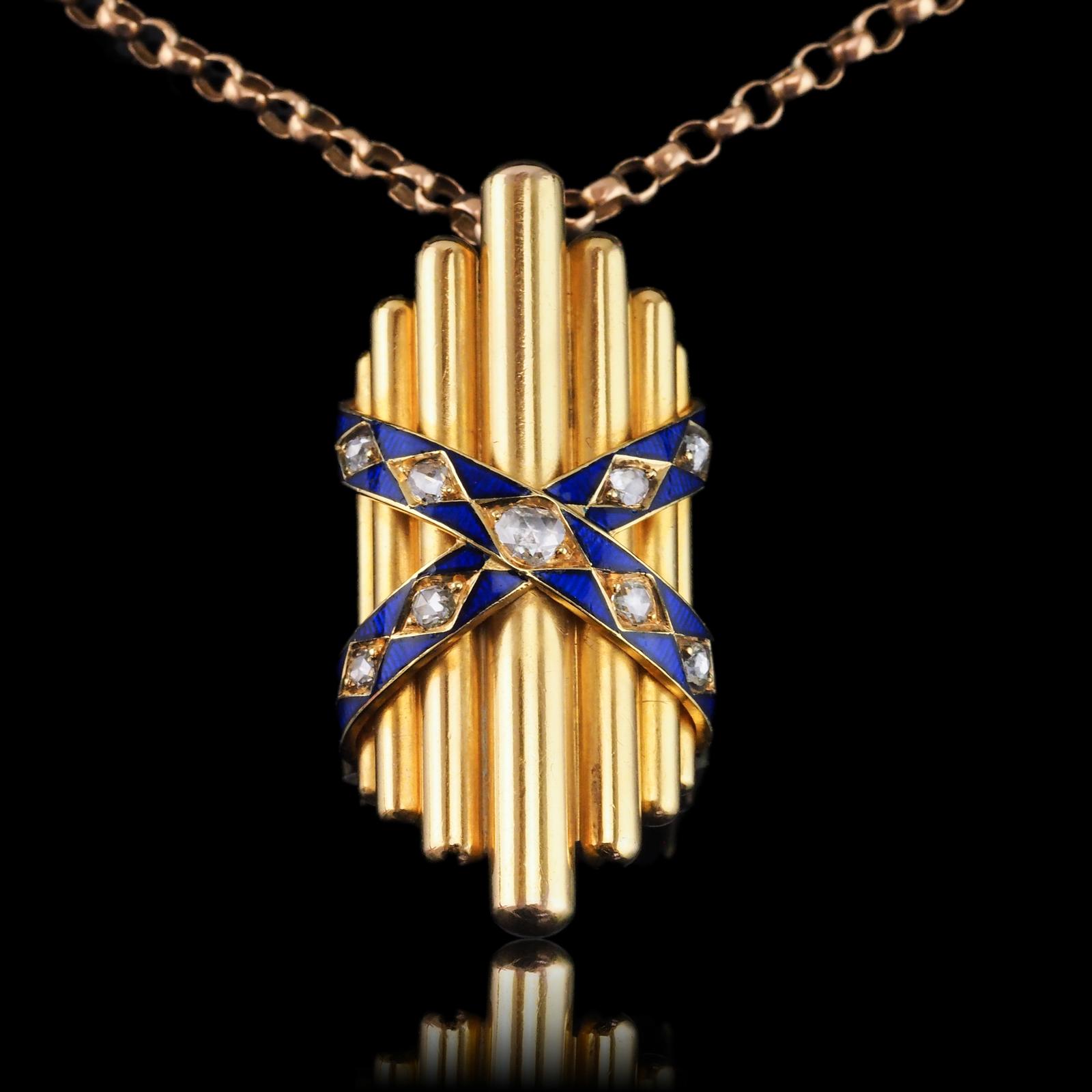 Antique Victorian 18K Gold Rose Cut Diamond & Blue Enamel Pendant - c.1880 (1 of 22)