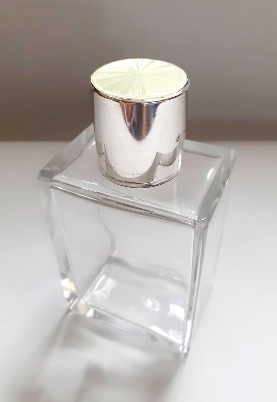 Stylish Art Deco Cologne Bottle with Silver Guilloche Enamel Lid (1 of 8) Stylish Art Deco Cologne Bottle with Silver Guilloche Enamel Lid (1 of 8)